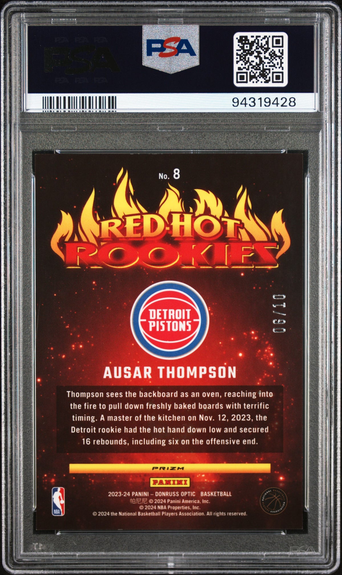 AUSAR THOMPSON 2023-24 Donruss Optic Red Hot Rookies Gold Prizm /10 #8 PSA 9