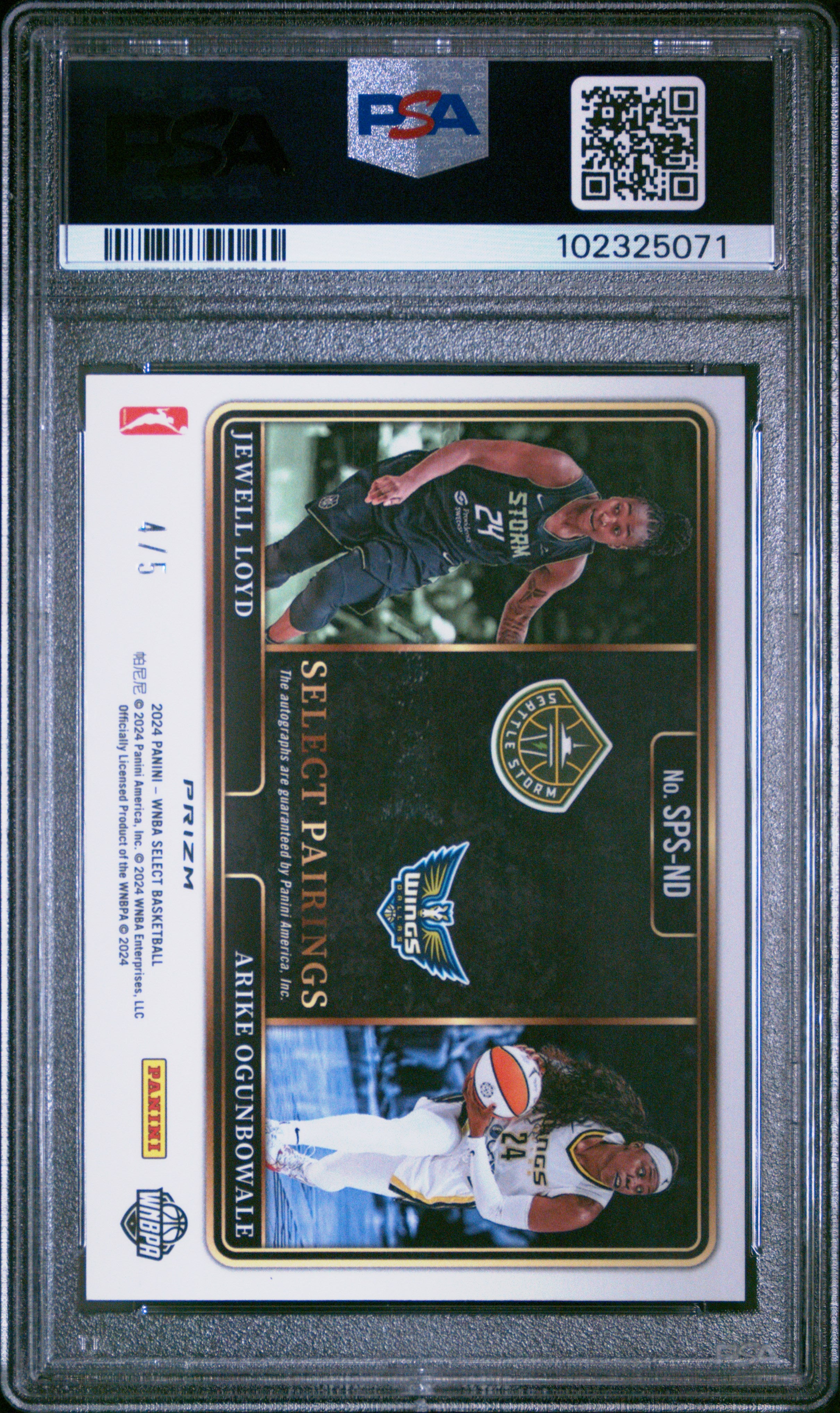 ARIKE OGUNBOWALE JEWELL LOYD 2024 Panini WNBA Select Black Gold Auto /5 PSA 10