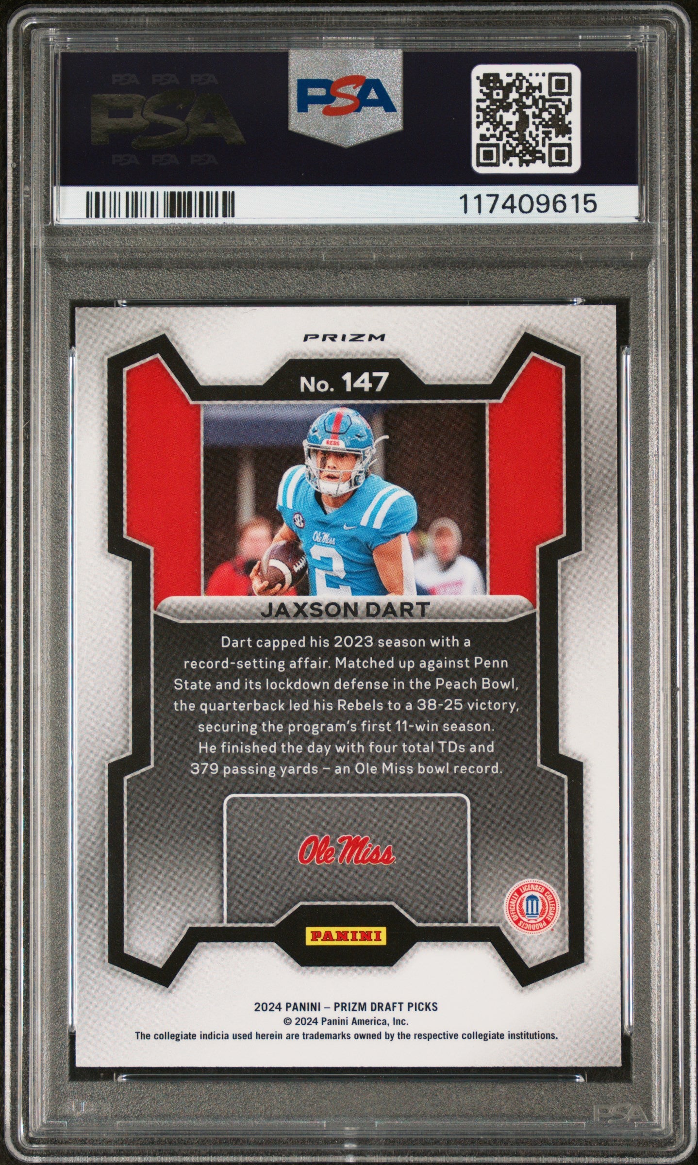 JAXSON DART 2024 Panini Prizm Draft Picks Silver Prospect #147 PSA 10 Ole Miss