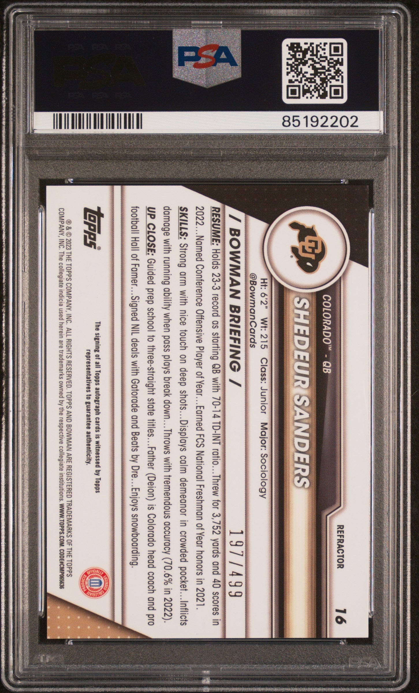 SHEDEUR SANDERS 2023 Bowman U Chrome 1st Auto Refractor /499 #16 PSA 10