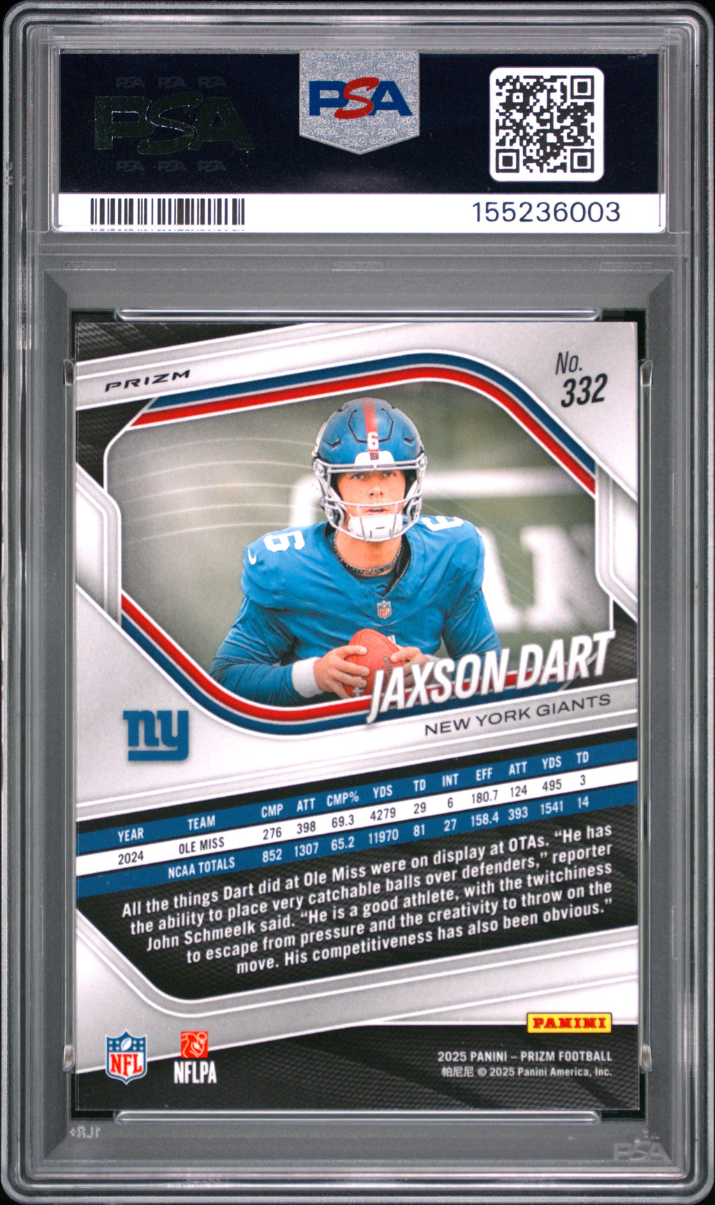 Jaxson Dart 2025 Panini Prizm Lazer Rookie #332 PSA 10 Giants