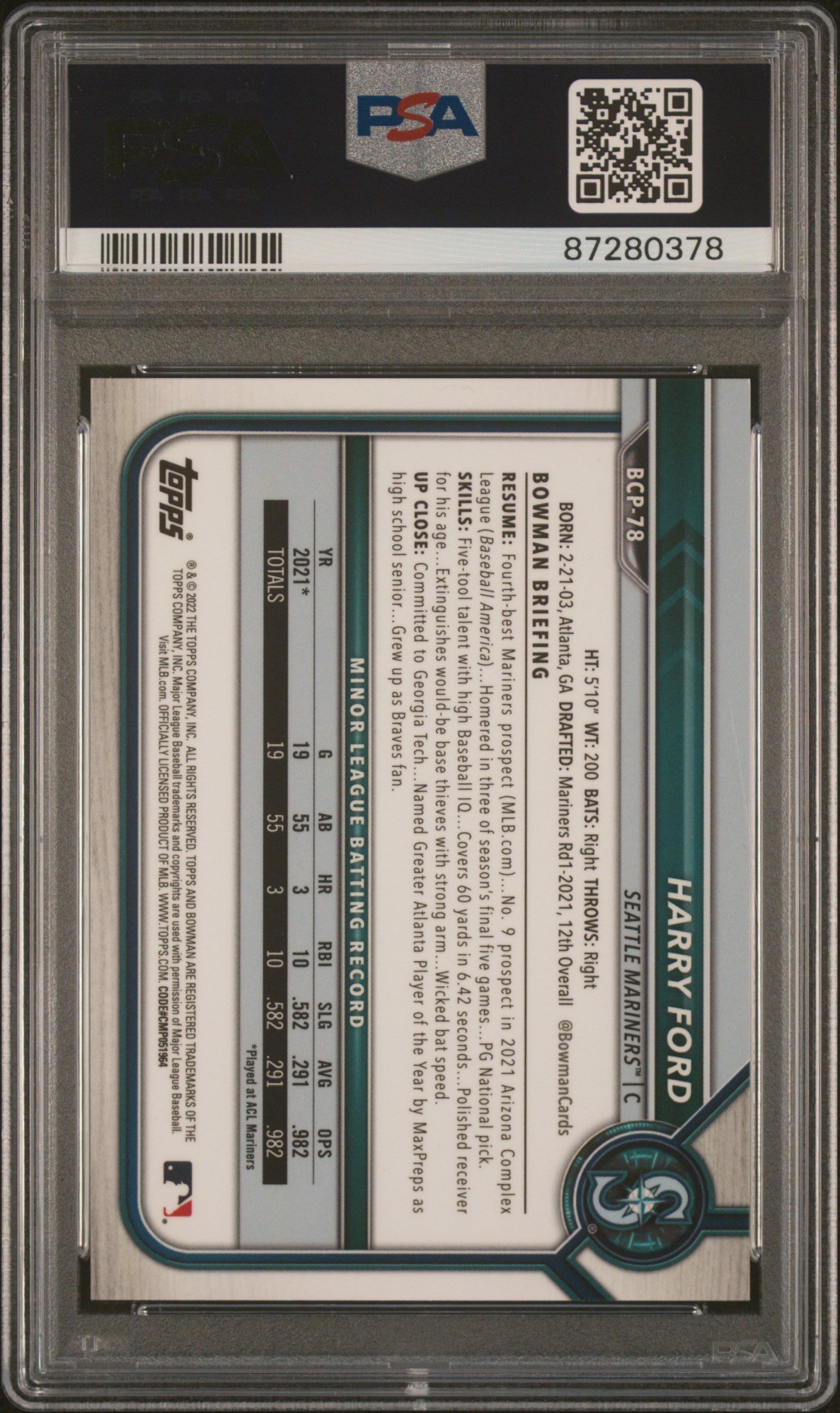 HARRY FORD 2022 Bowman Sapphire Prospects Purple /25 #BCP78 PSA 10 Mariners