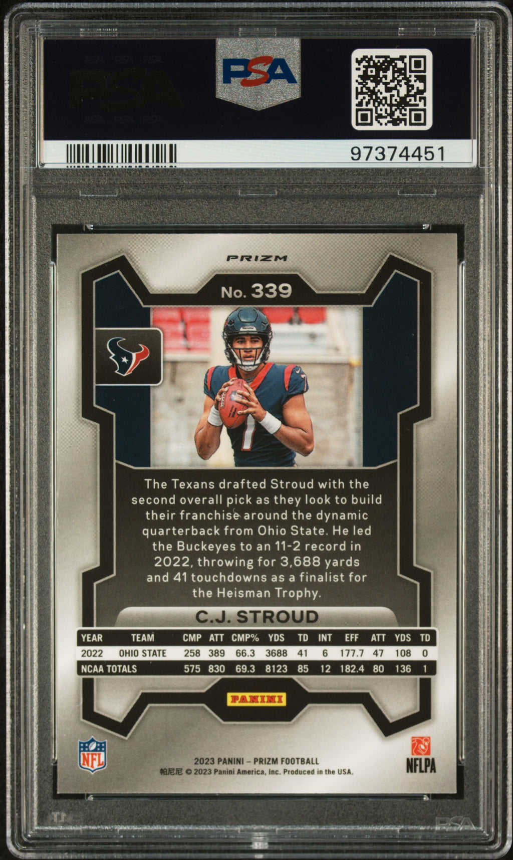 C.J. STROUD 2023 Panini Prizm Rookie Silver Prizm #339 PSA 9 Texans