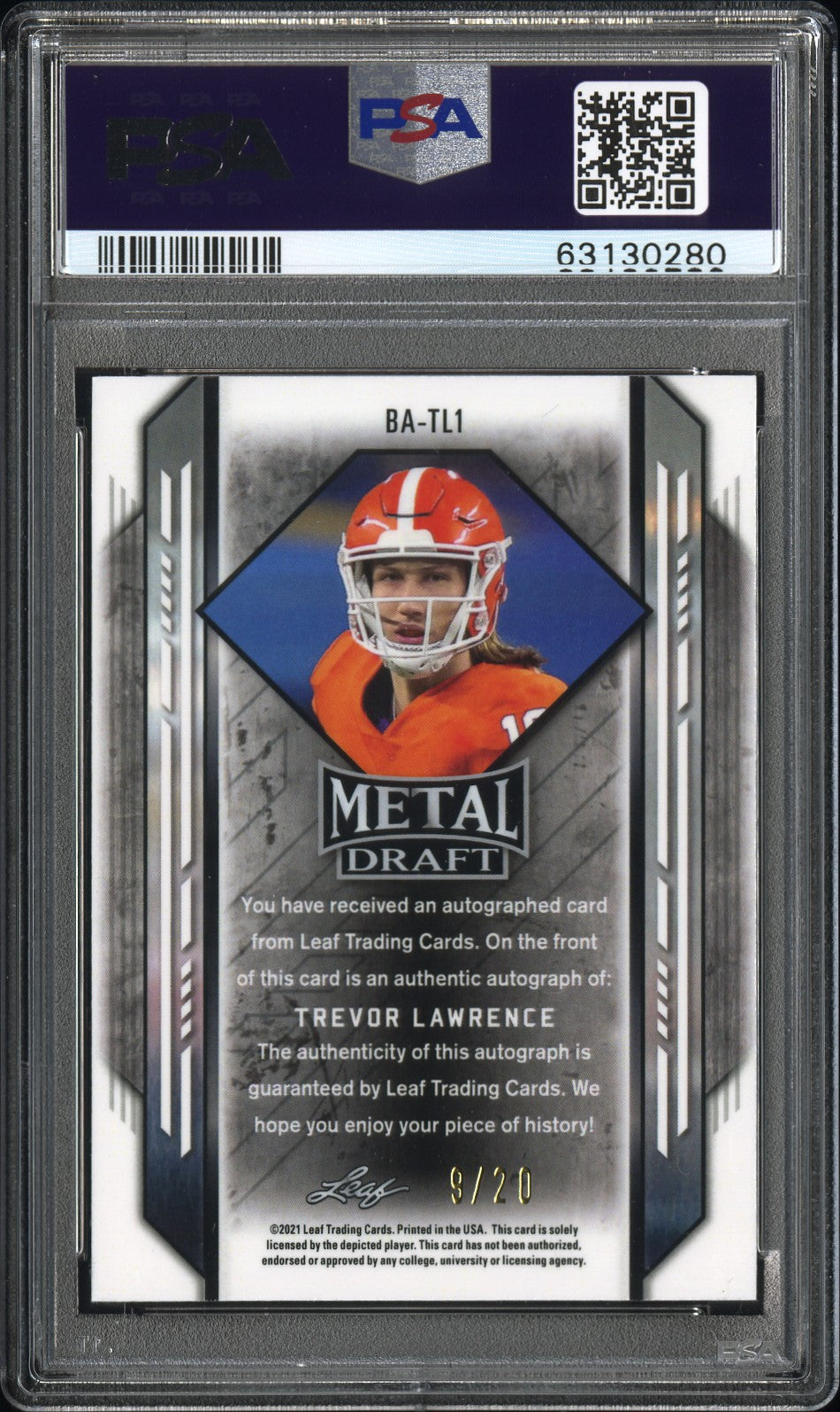 TREVOR LAWRENCE 2021 Leaf Metal Draft Auto Rookie Pink Prismatic /20 PSA 9