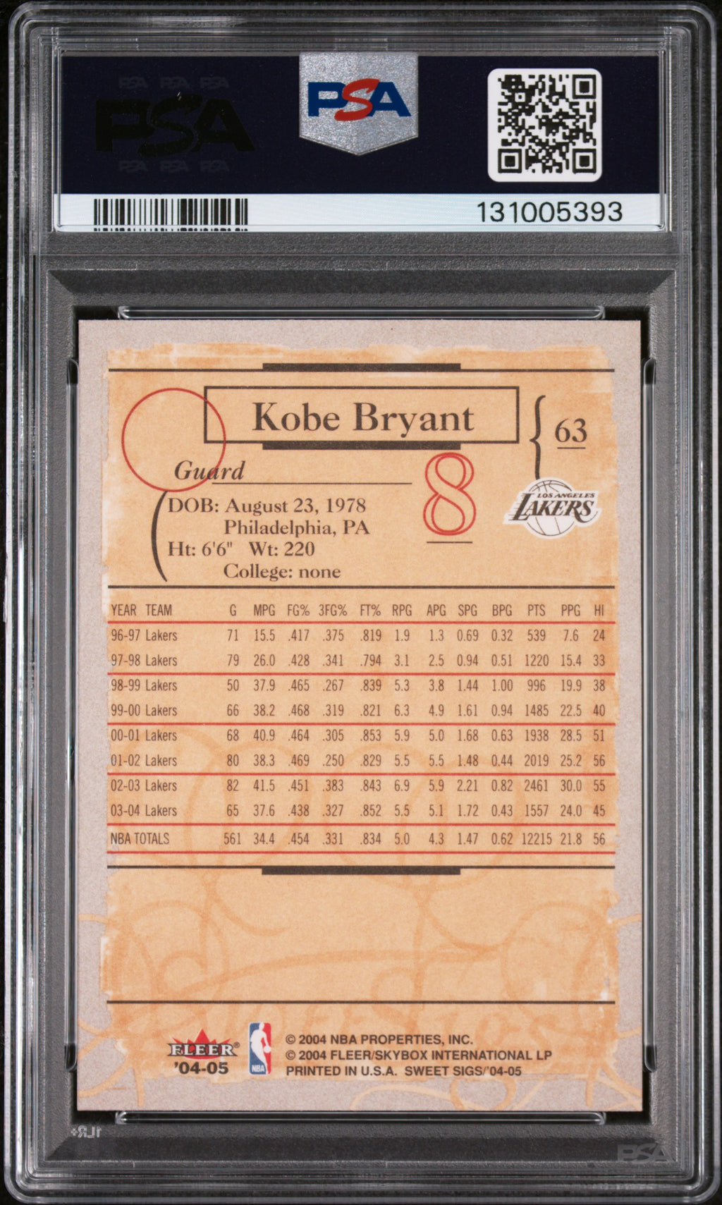 KOBE BRYANT 2004 Fleer Sweet Sigs #63 PSA 10 Lakers