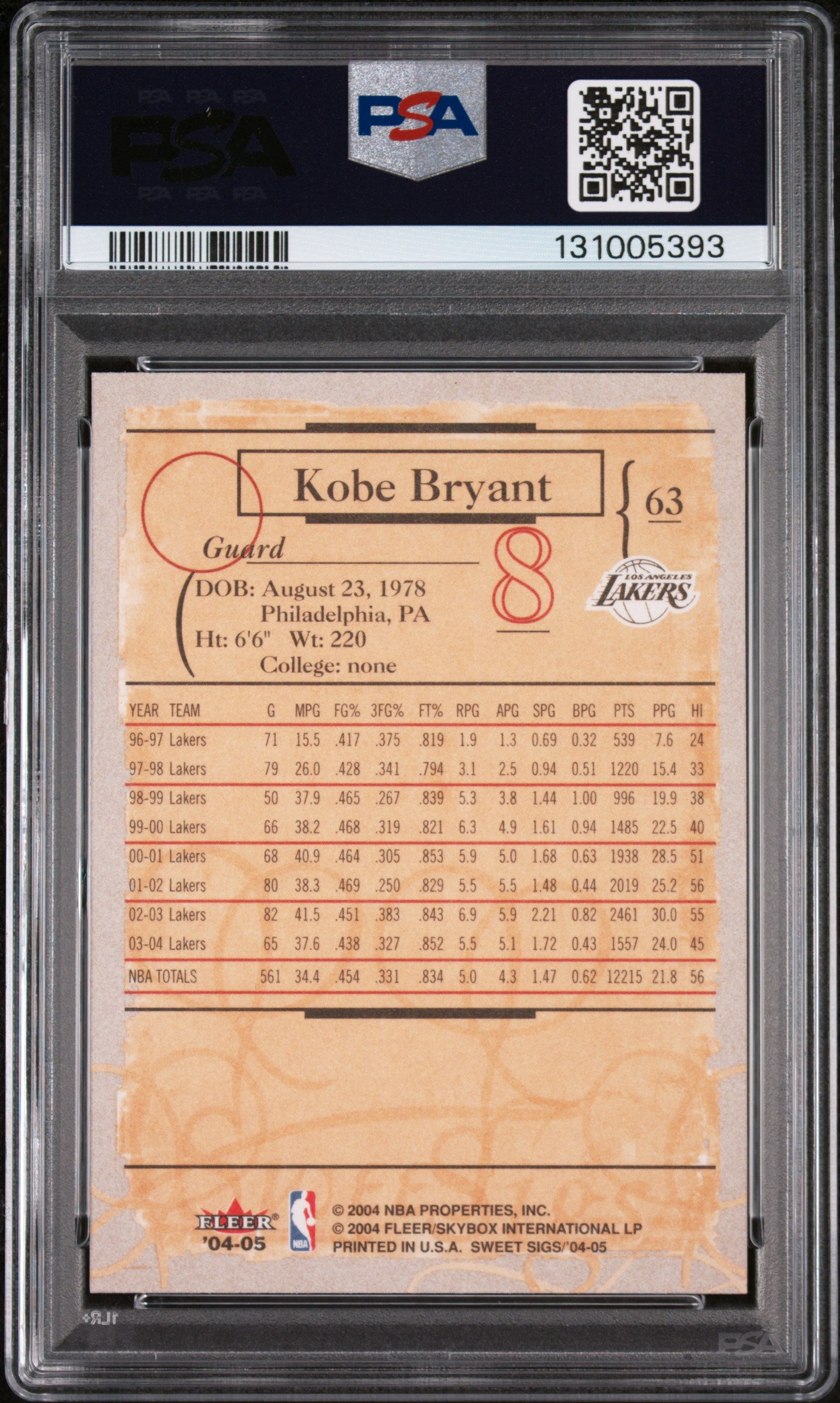 KOBE BRYANT 2004 Fleer Sweet Sigs #63 PSA 10 Lakers