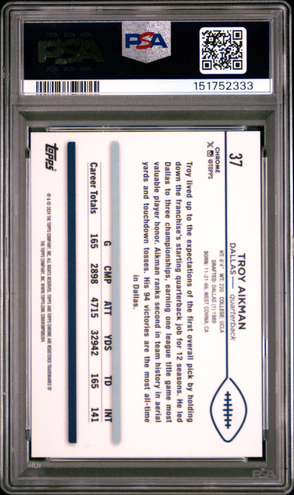 TROY AIKMAN 2024 Topps Chrome Orange Wave Refractor /25 #37 PSA 10
