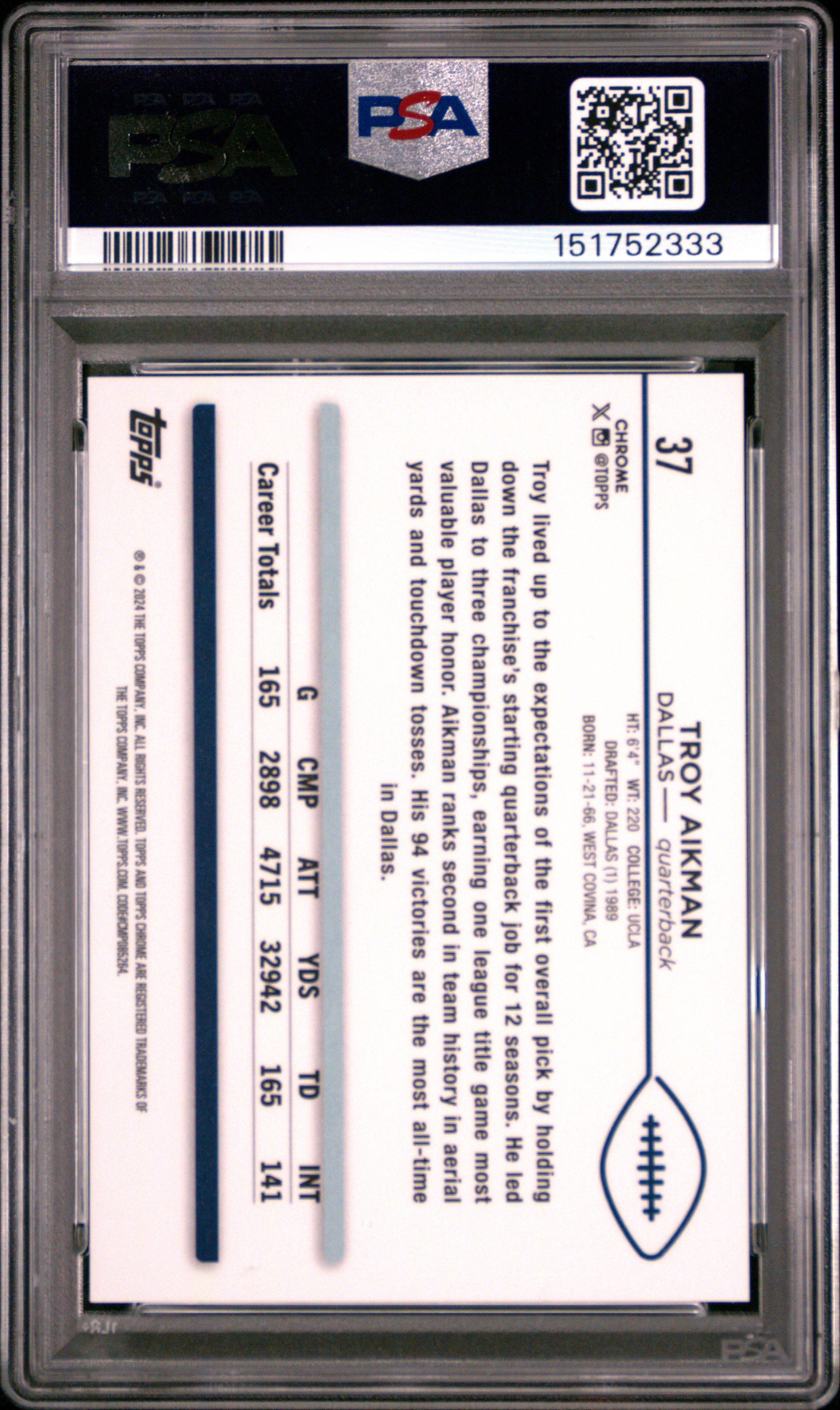 TROY AIKMAN 2024 Topps Chrome Orange Wave Refractor /25 #37 PSA 10