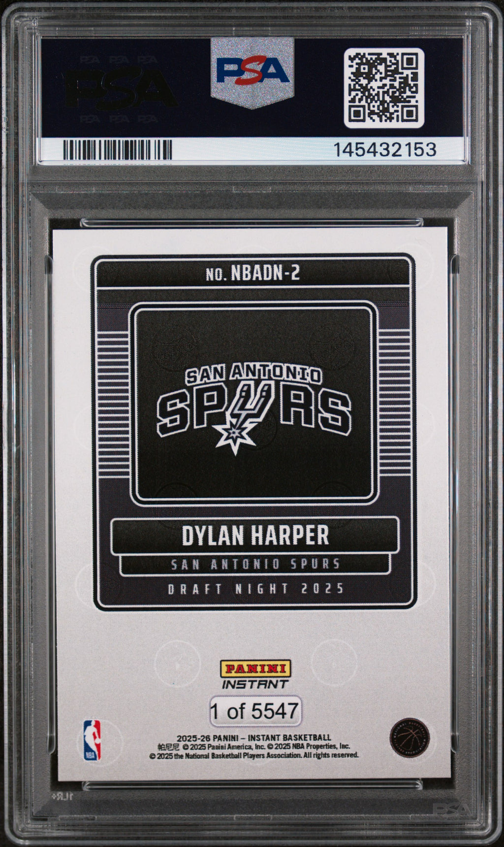 DYLAN HARPER 2025-26 Panini Instant NBA Draft Night Rookie #2 PSA 10 Spurs