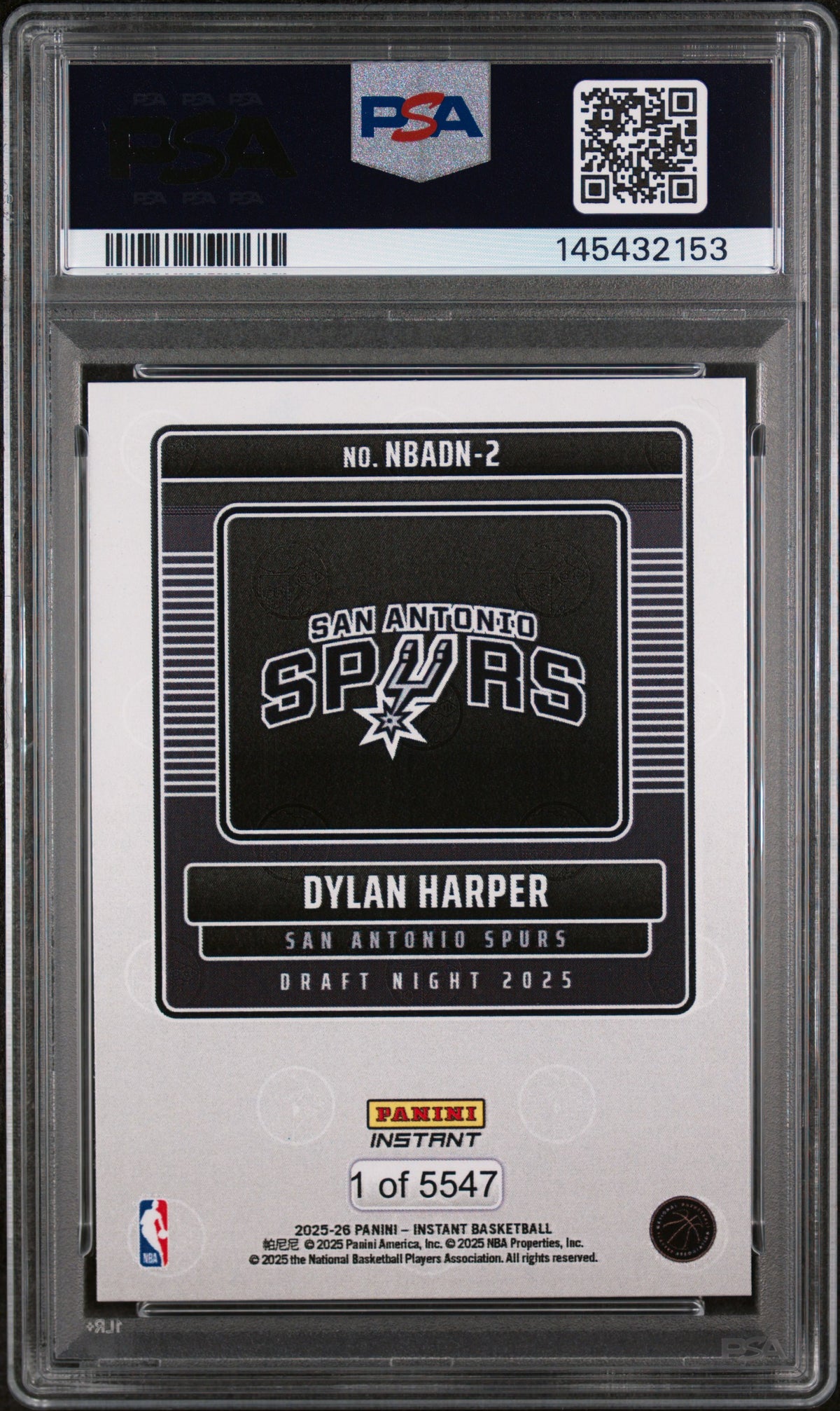 DYLAN HARPER 2025-26 Panini Instant NBA Draft Night Rookie #2 PSA 10 Spurs