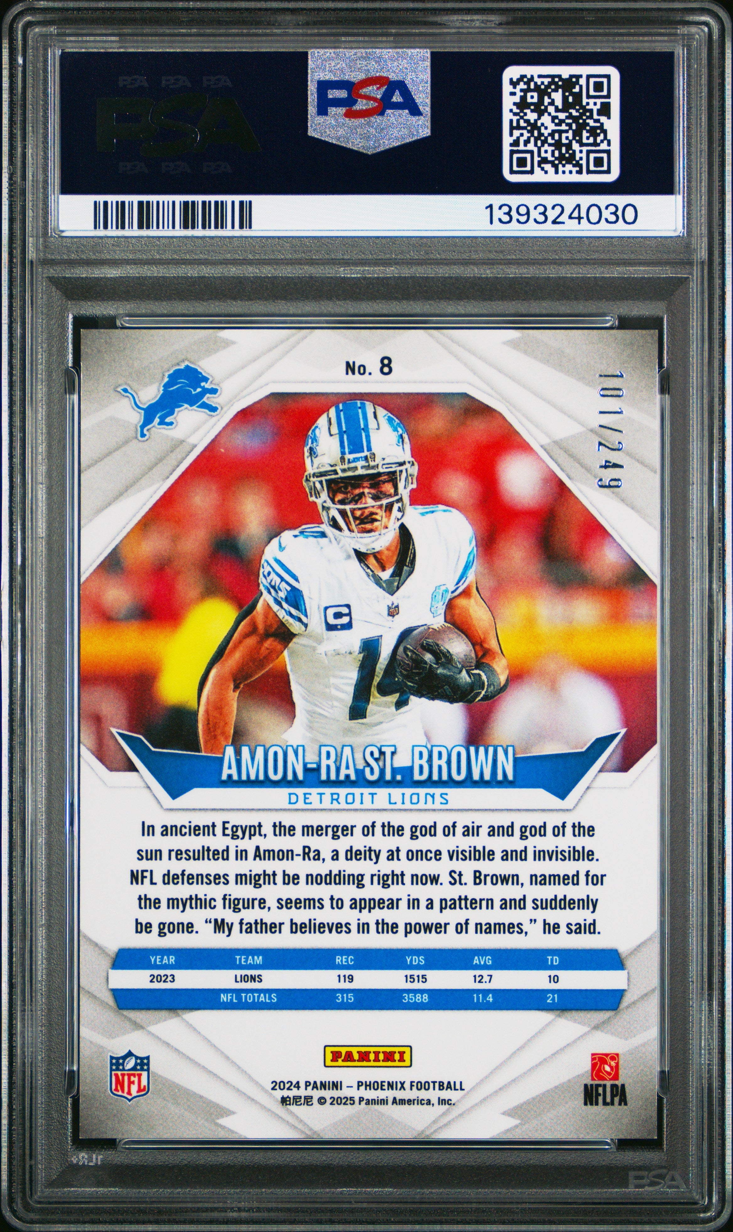 AMON-RA ST. BROWN 2024 Panini Phoenix Purple Fade /249 #8 PSA 10 Lions