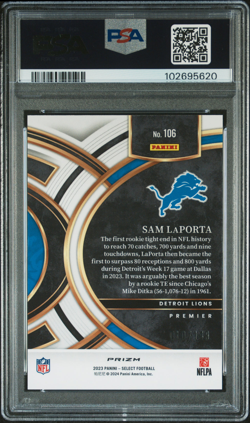 SAM LAPORTA 2023 Panini Select Premier Level Blue Prizm /149 #106 PSA 10 Lions