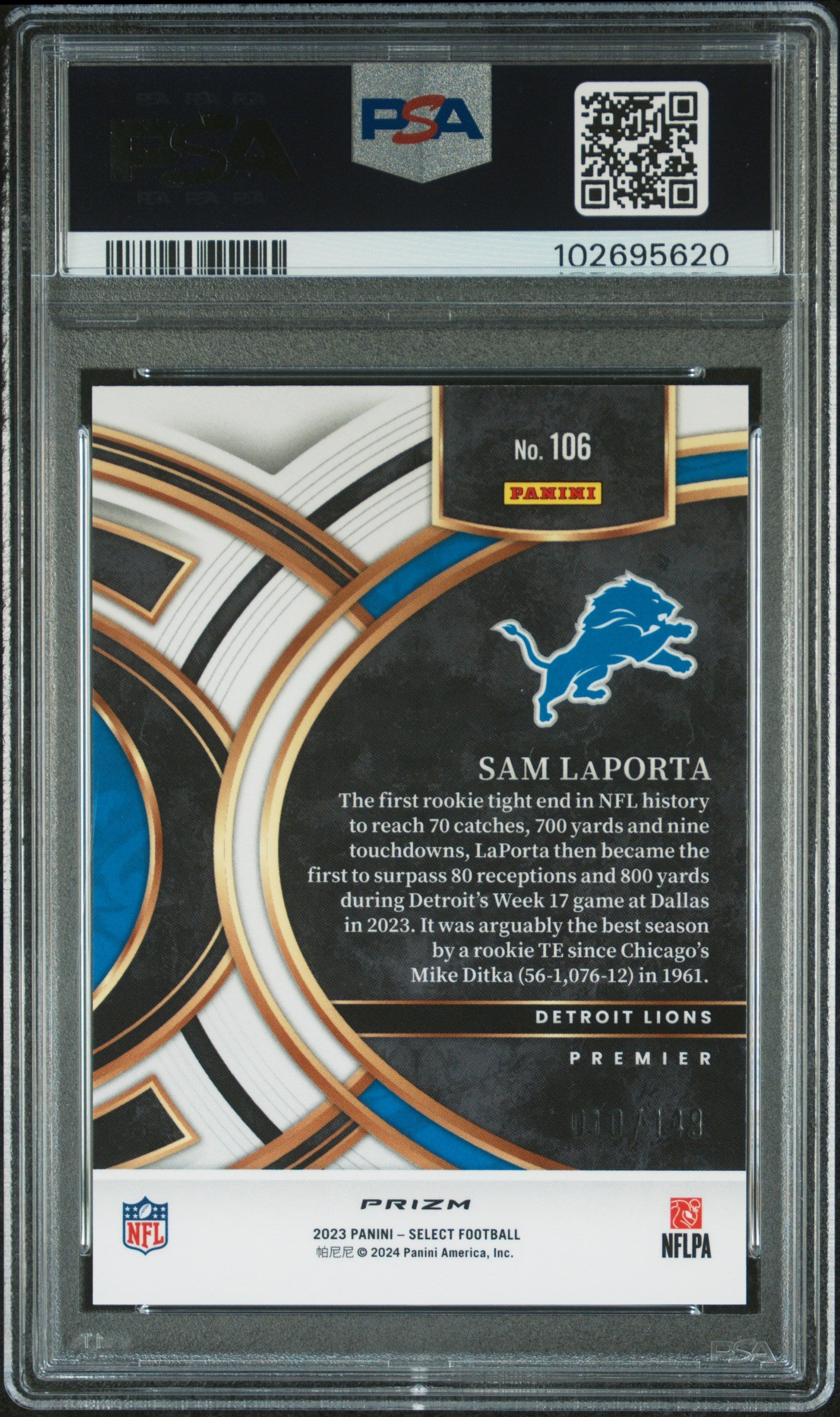 SAM LAPORTA 2023 Panini Select Premier Level Blue Prizm /149 #106 PSA 10 Lions