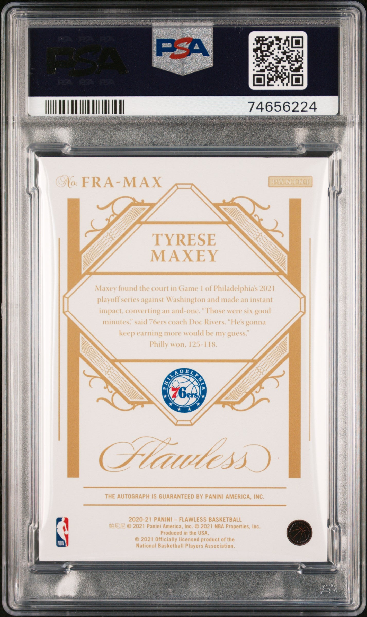 TYRESE MAXEY 2020-21 Panini Flawless Rookie Auto Ruby /15 PSA 9 Auto 10 #FRAMAX
