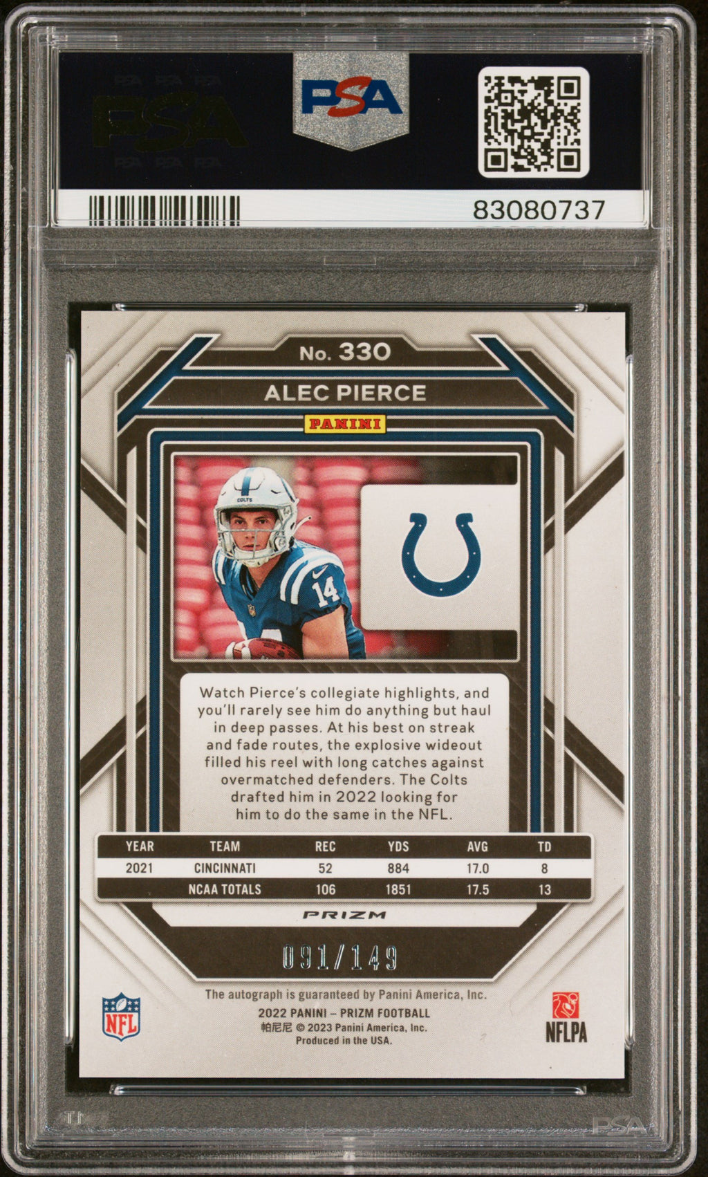 ALEC PIERCE 2022 Panini Prizm Rookie Auto Red Wave /149 #330 PSA 10 Colts