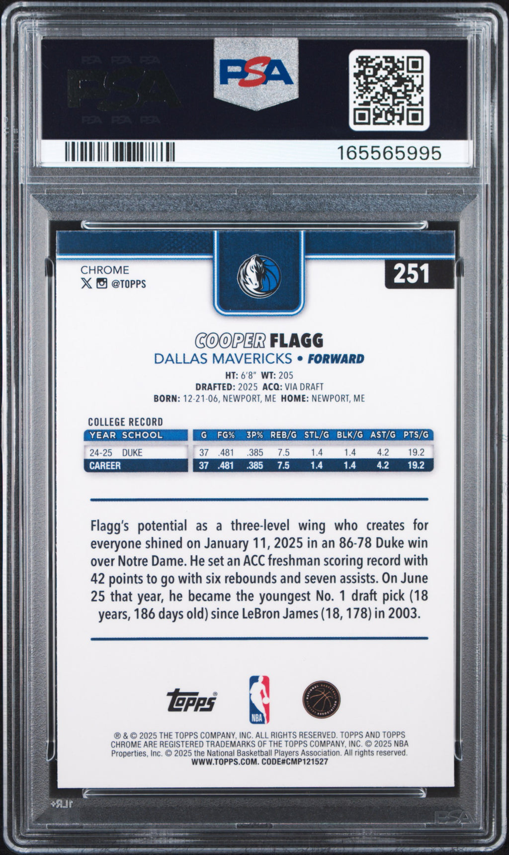 COOPER FLAGG 2025-26 Topps Chrome Rookie Card #251 PSA 10 Mavericks