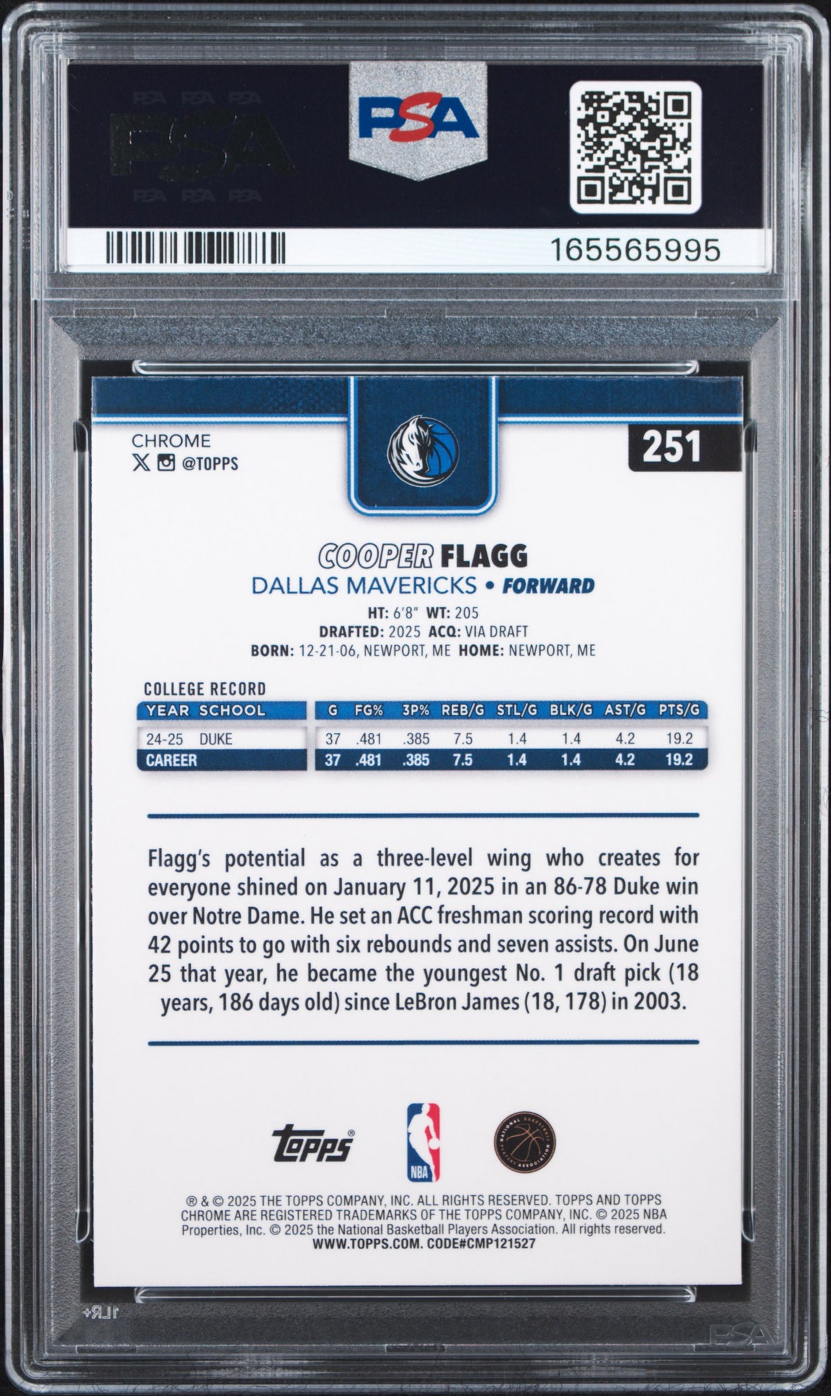 COOPER FLAGG 2025-26 Topps Chrome Rookie Card #251 PSA 10 Mavericks