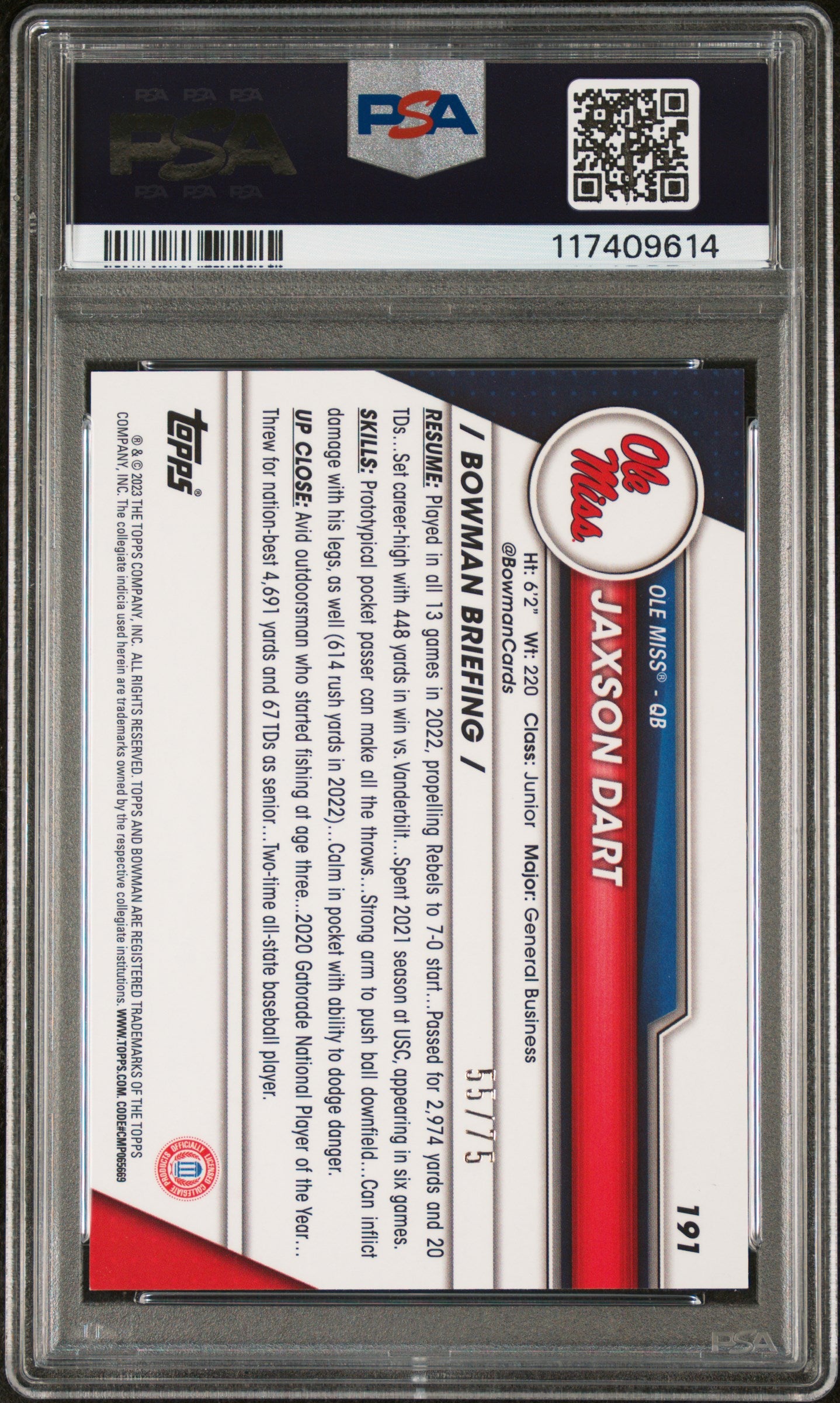 JAXSON DART 2023 Bowman University Chrome Yellow Refractor /75 PSA 10 Ole Miss