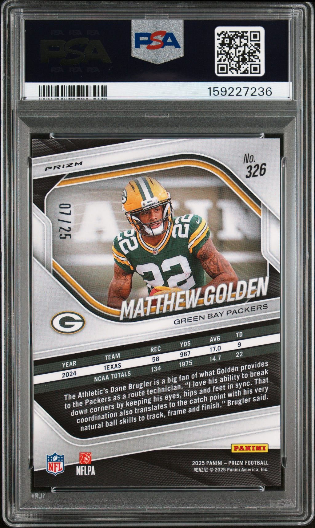 MATTHEW GOLDEN 2025 Panini Prizm Navy Camo /25 #326 PSA 10 Packers