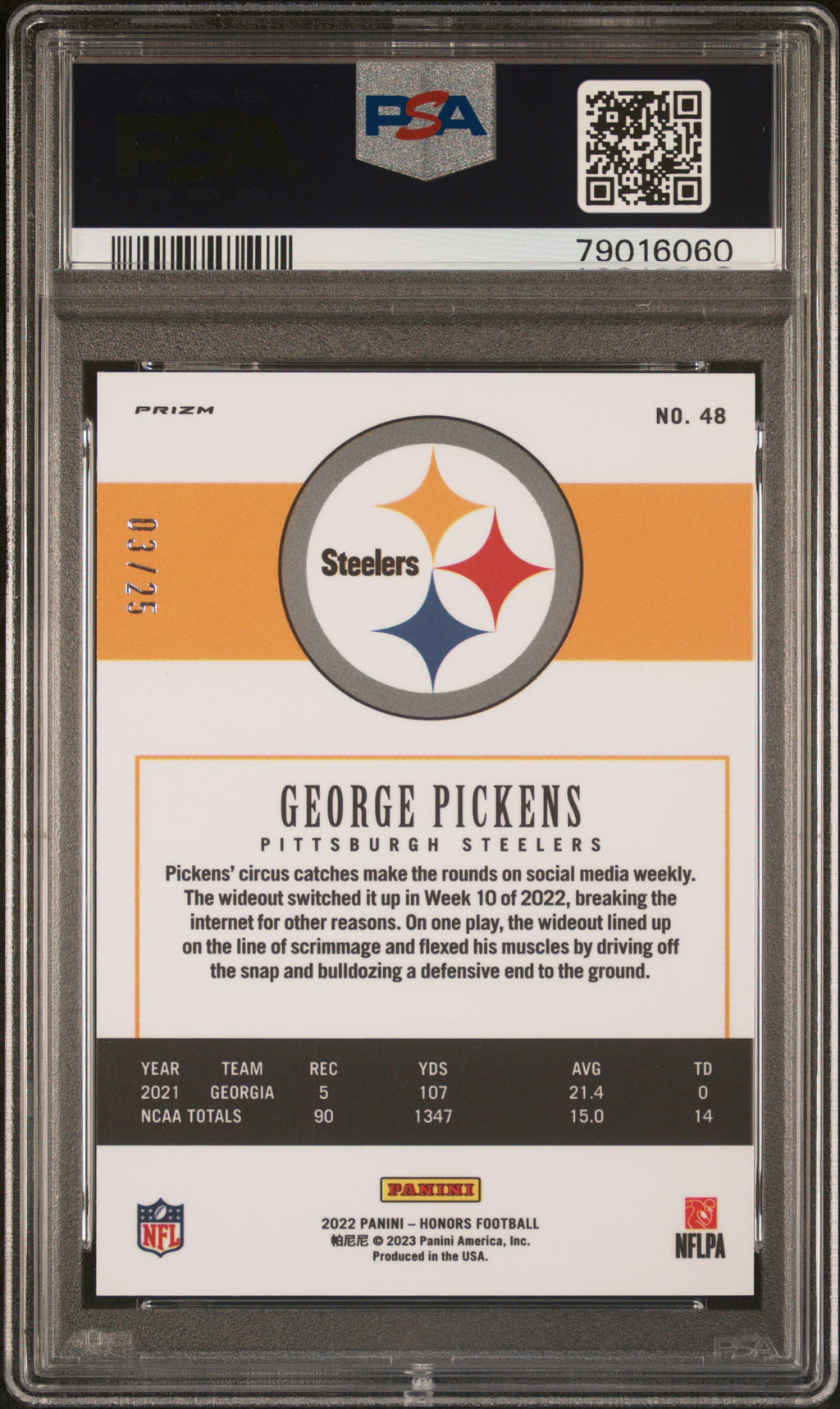 GEORGE PICKENS 2022 Panini Honors Green Rookie Prizm /25 #48 PSA 10 Steelers