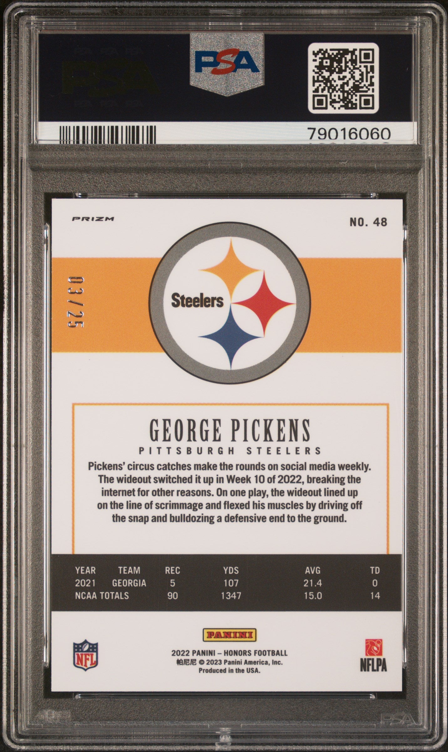 GEORGE PICKENS 2022 Panini Honors Green Rookie Prizm /25 #48 PSA 10 Steelers