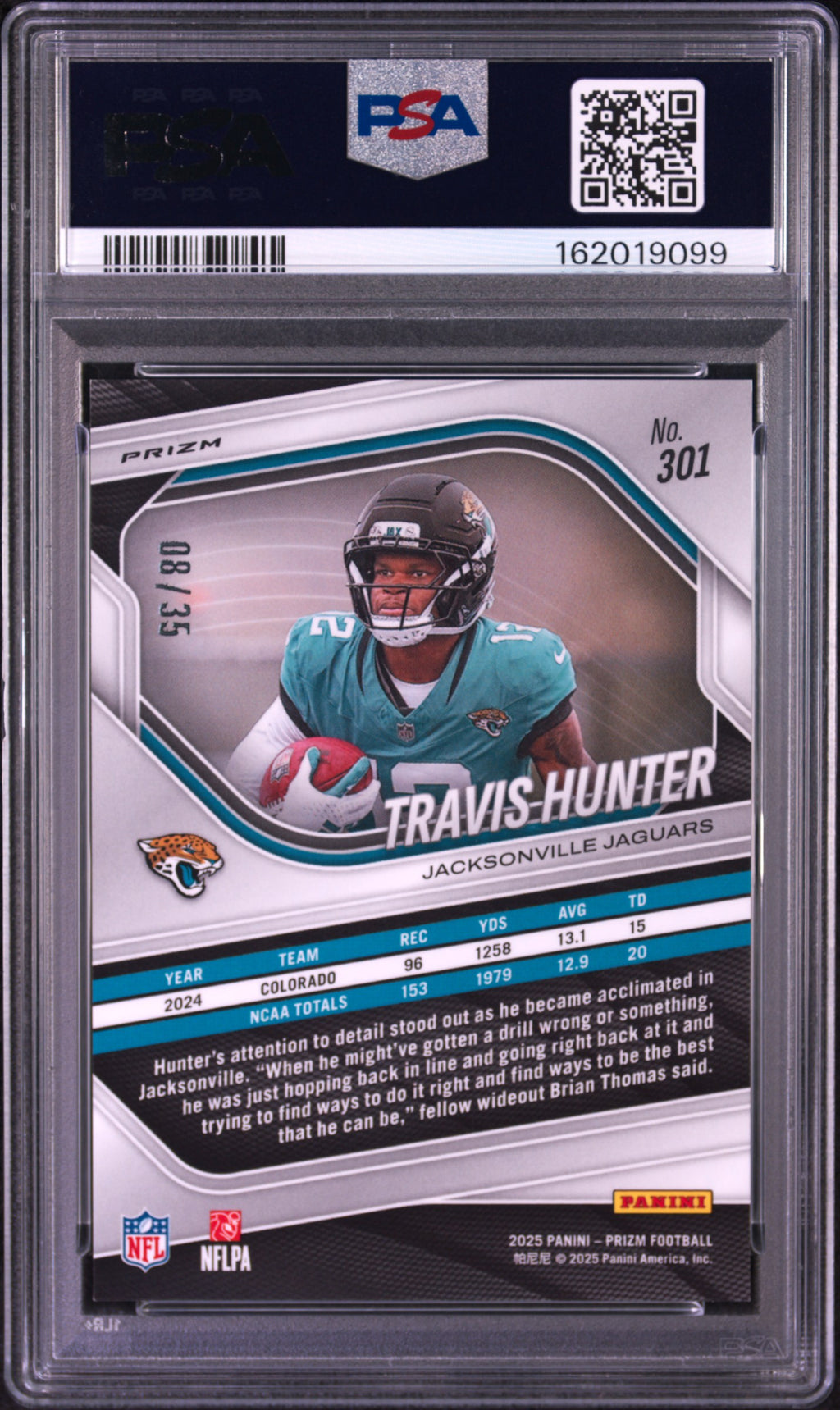 TRAVIS HUNTER 2025 Panini Prizm Rookie White /35 #301 PSA 9 Jaguars