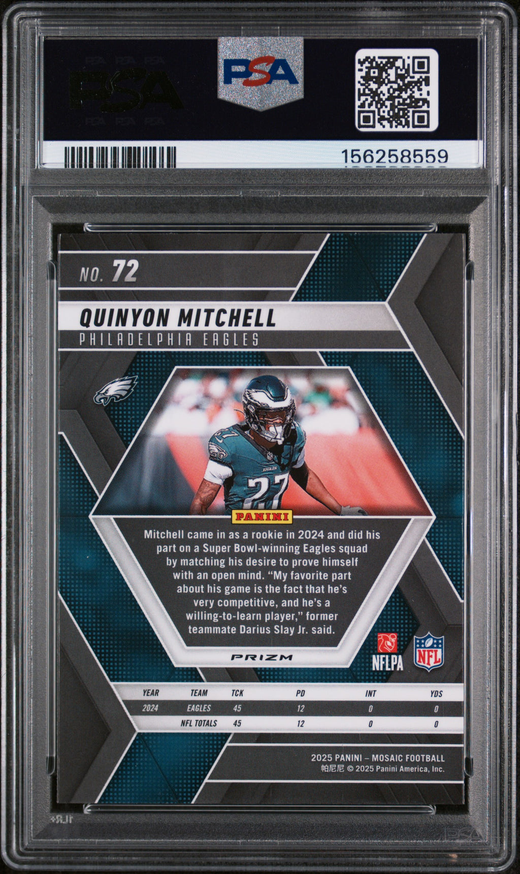 QUINYON MITCHELL 2025 Panini Mosaic Genesis Prizm #72 PSA 10 Eagles