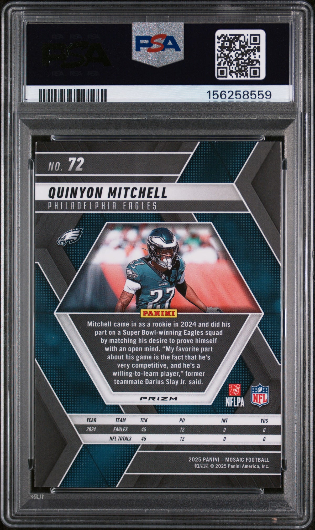 QUINYON MITCHELL 2025 Panini Mosaic Genesis Prizm #72 PSA 10 Eagles