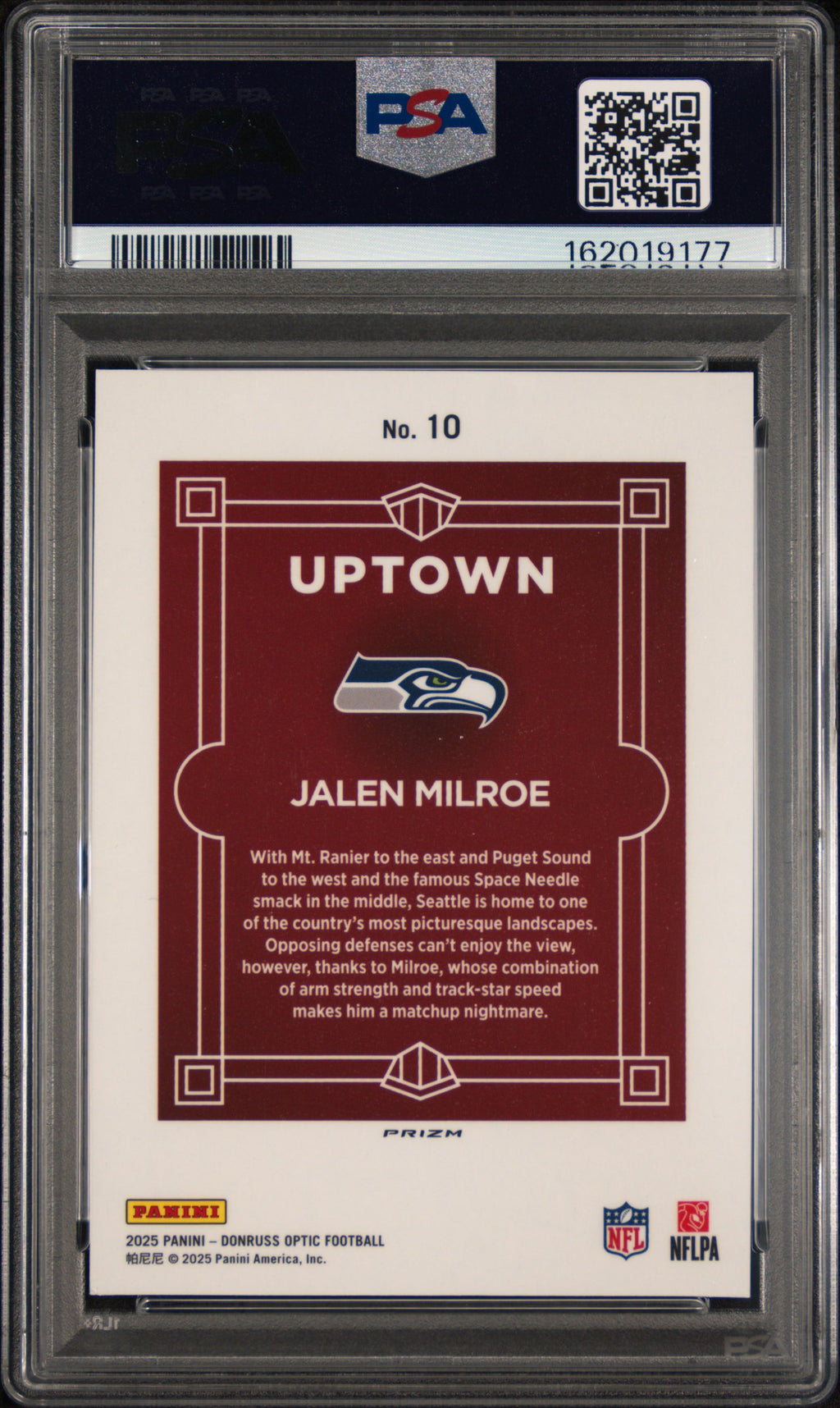 JALEN MILROE 2025 Panini Donruss Optic Uptown Rookie Case Hit SSP #10 PSA 9