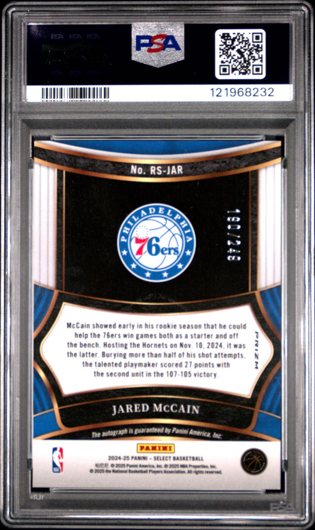 JARED MCCAIN 2024-25 Panini Select Rookie Signatures Auto /249 PSA 9 76ers