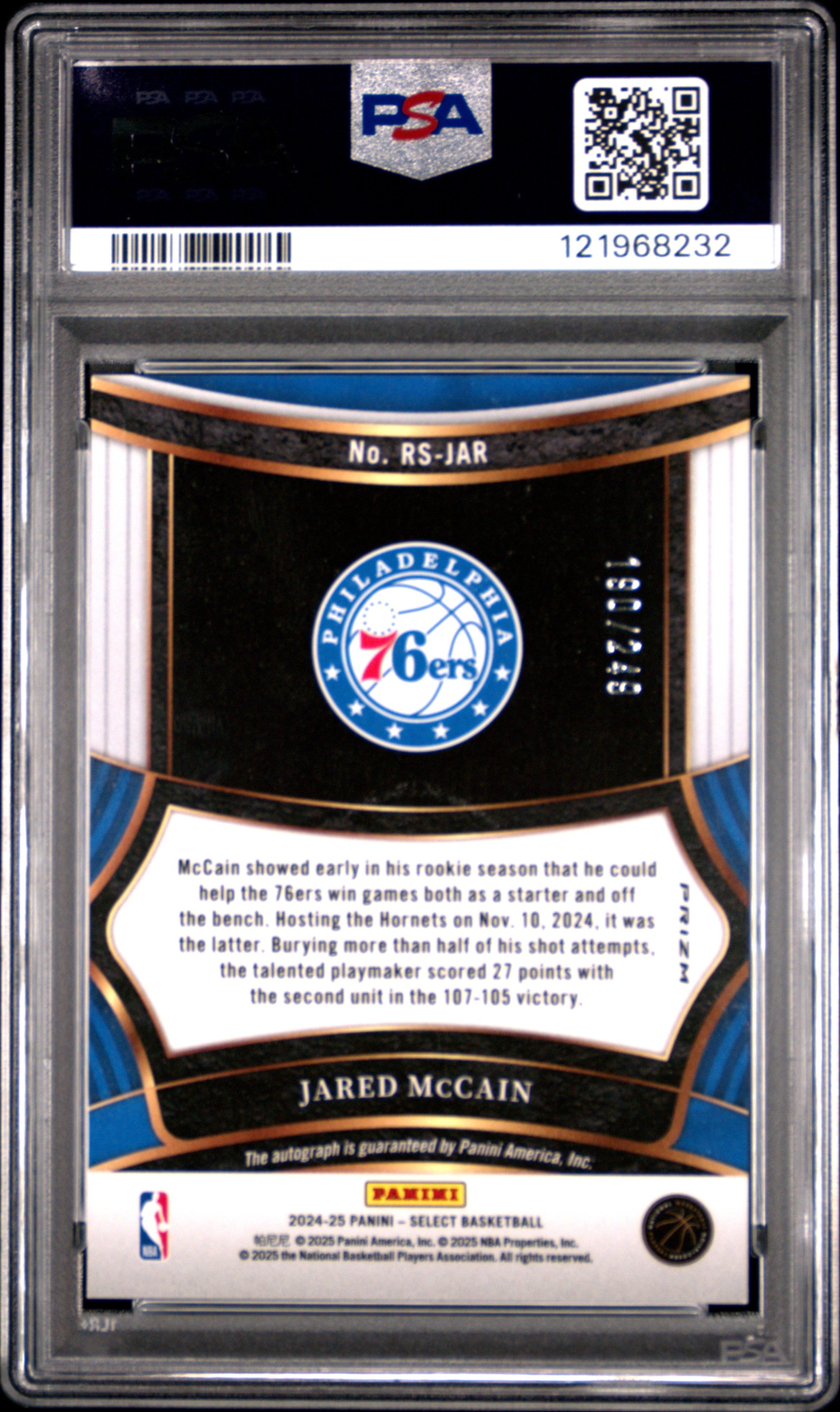 JARED MCCAIN 2024-25 Panini Select Rookie Signatures Auto /249 PSA 9 76ers