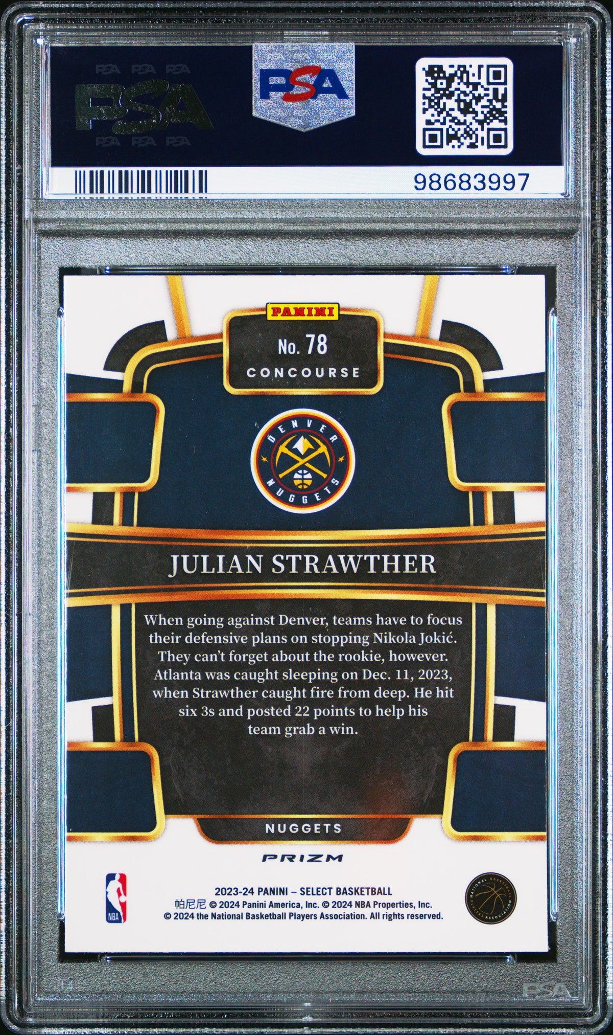 JULIAN STRAWTHER 2023-24 Panini Select Rookie Zebra Prizm SSP #78 PSA 10 Nuggets