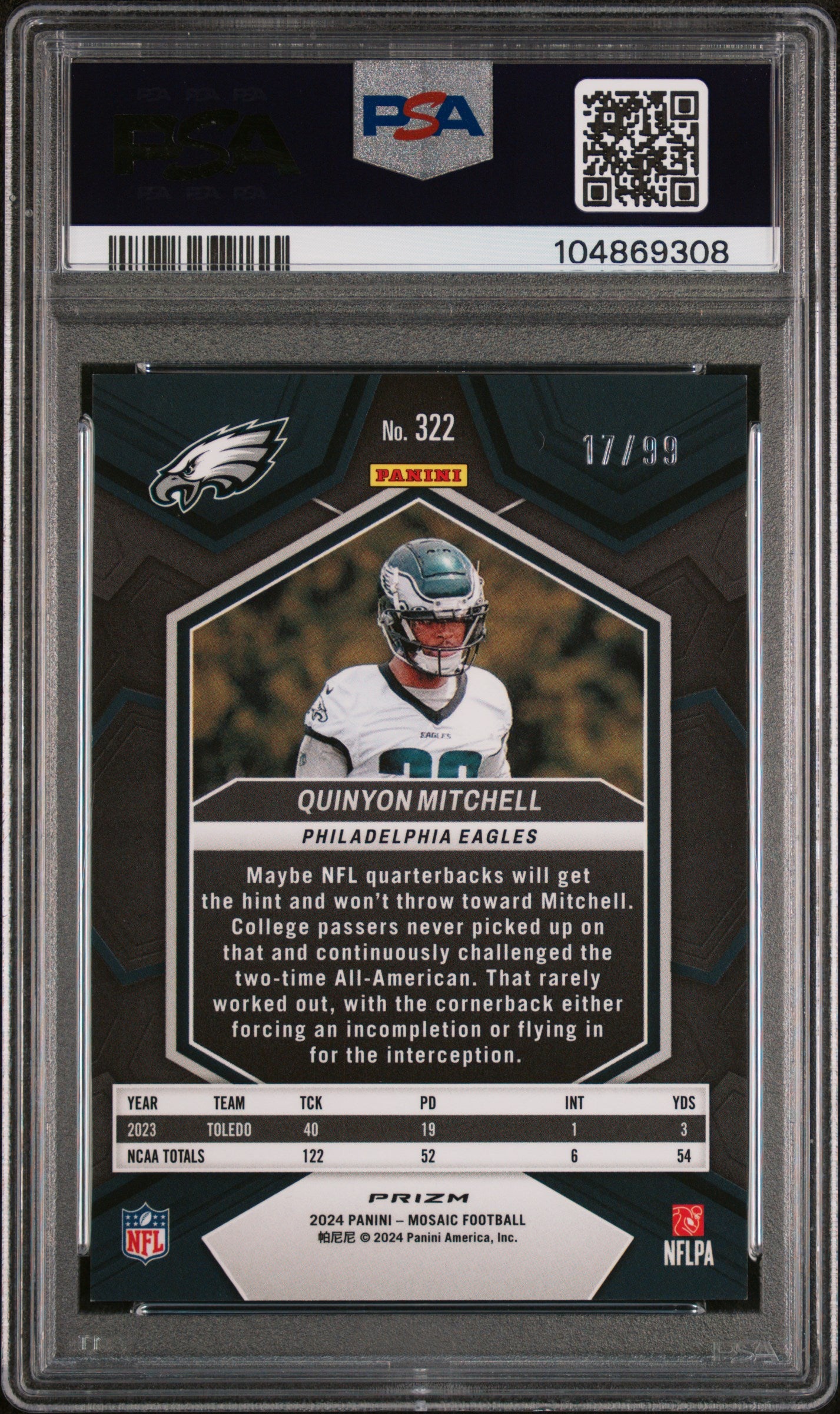 QUINYON MITCHELL 2024 Panini Mosaic Rookie Blue Prizm /99 #322 PSA 10 Eagles