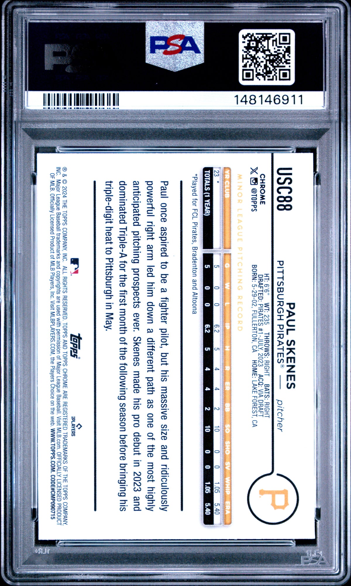 PAUL SKENES 2024 Topps Chrome Update Rookie X-Fractor #USC88 PSA 10 Pirates