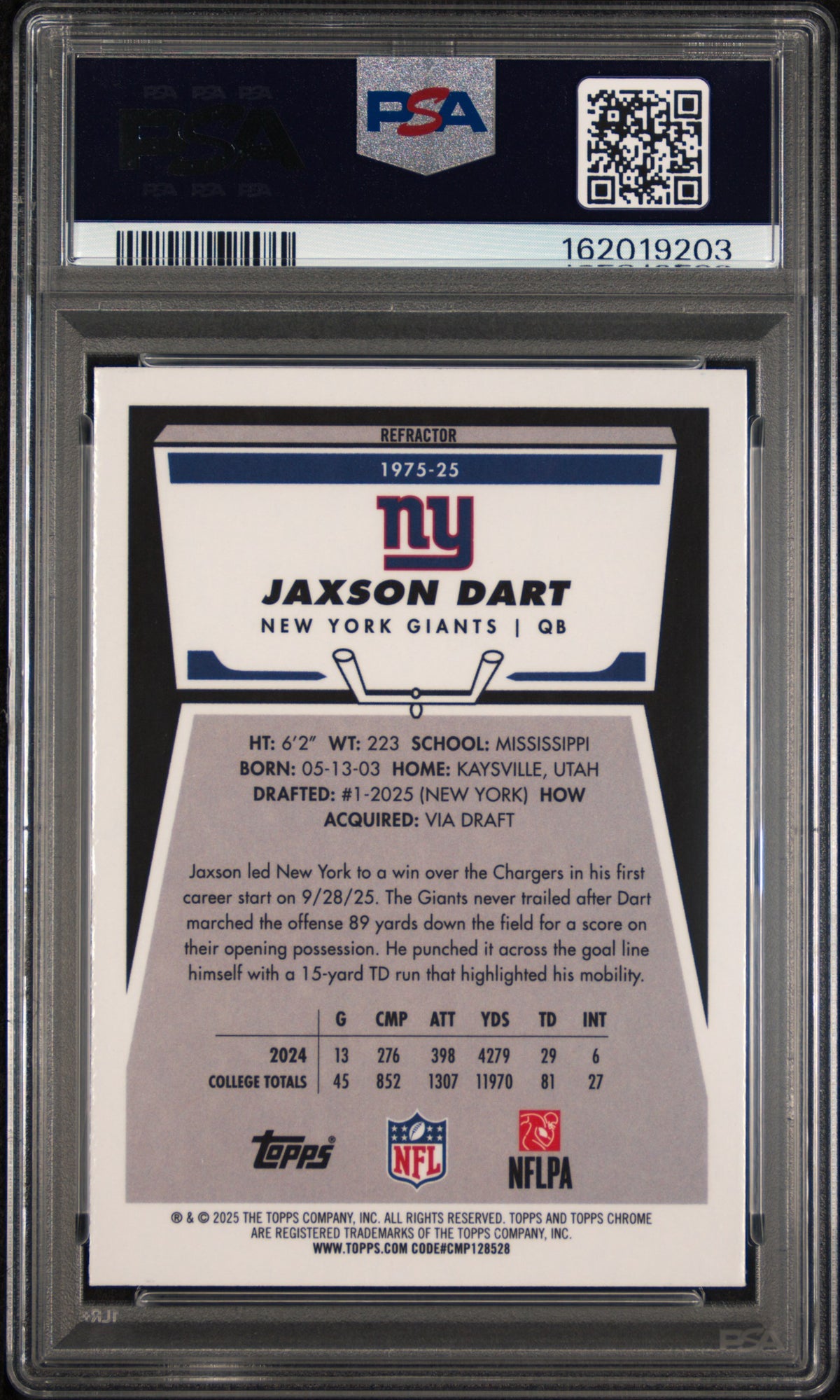 JAXSON DART 2025 Topps Chrome 1975 Rookie Refractor #25 PSA 10 Giants