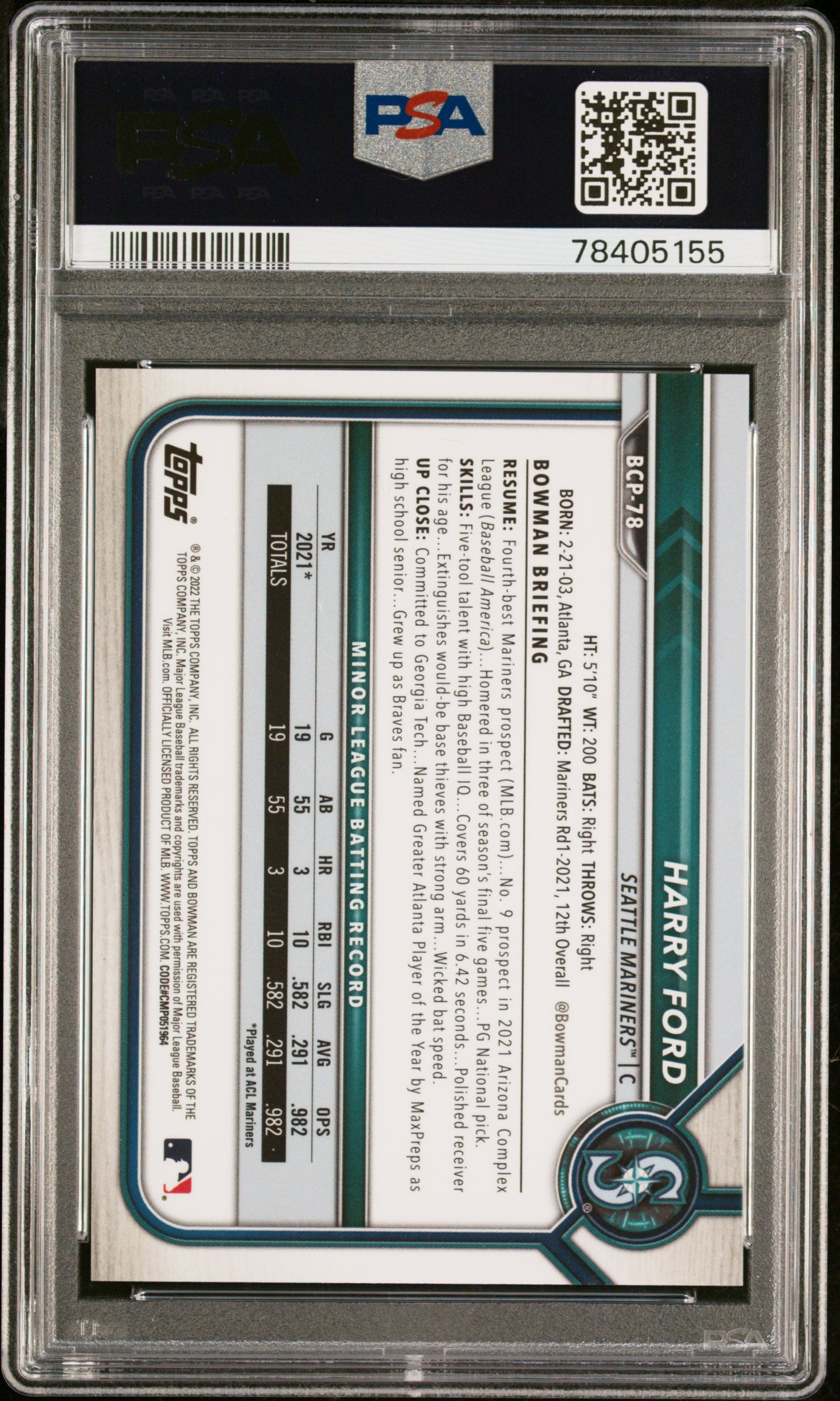 HARRY FORD 2022 Bowman Sapphire Edition Prospects Aqua /55 PSA 10 #BCP78