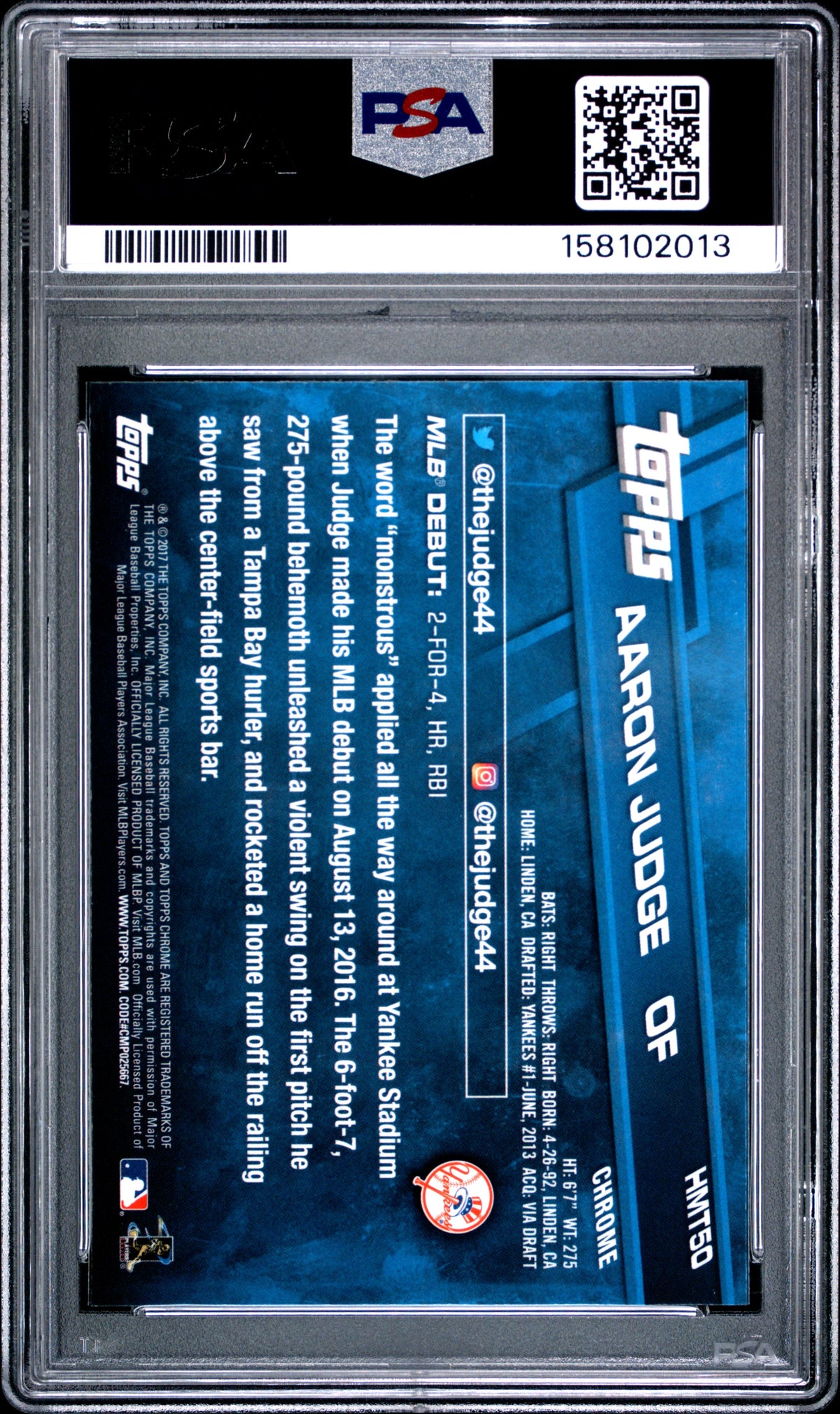 AARON JUDGE 2017 Topps Chrome Update Rookie #HMT50 PSA 10 Yankees