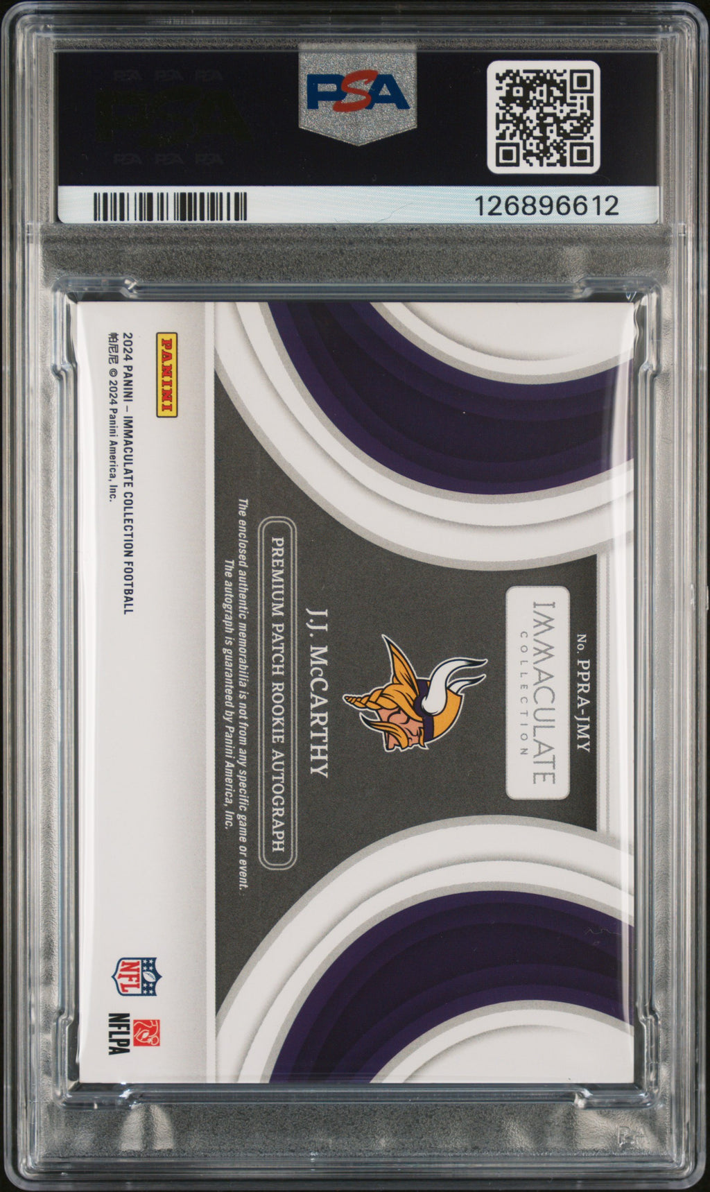 JJ MCCARTHY 2024 Panini Immaculate Premium Patch Rookie Auto Emerald /18 PSA 8