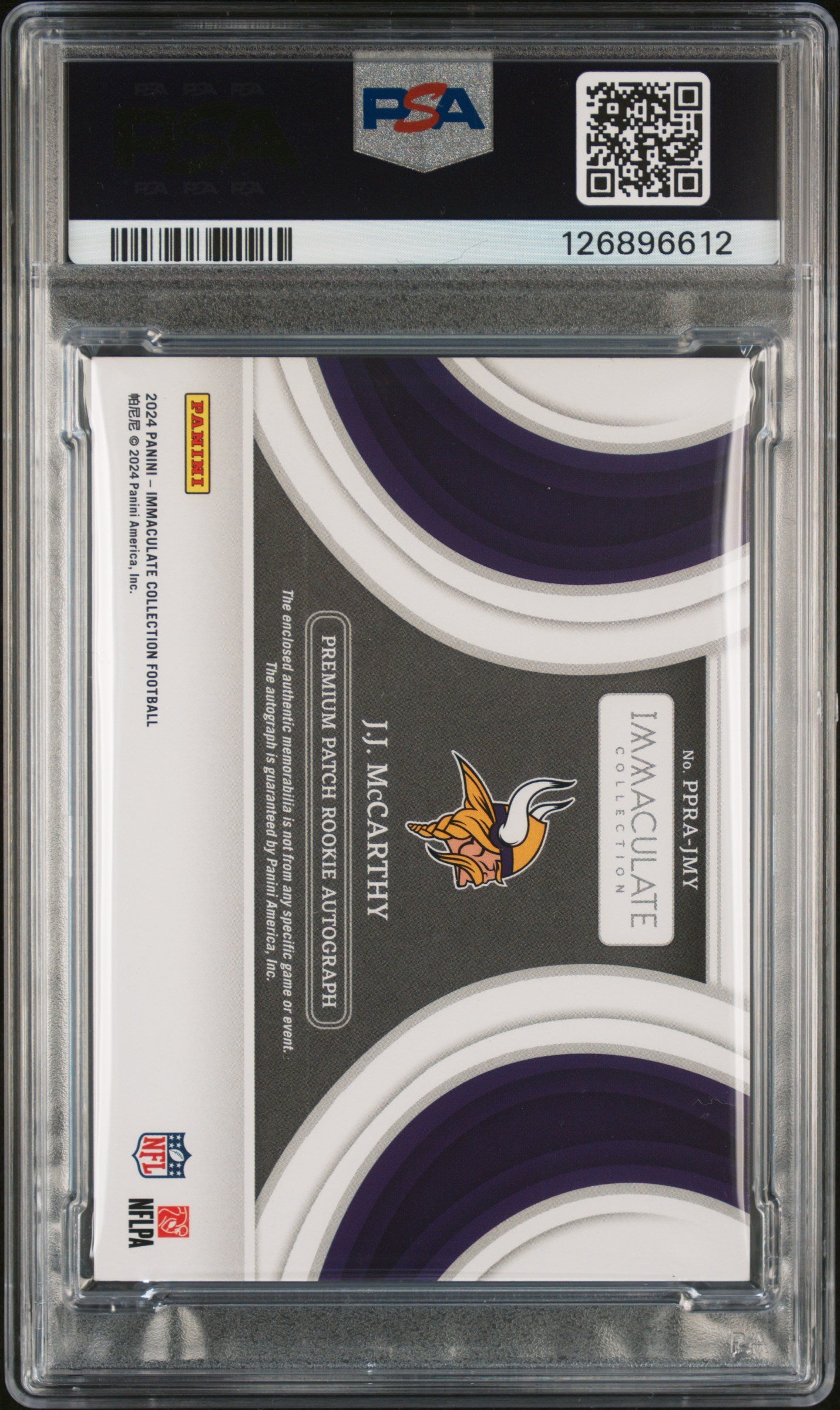 JJ MCCARTHY 2024 Panini Immaculate Premium Patch Rookie Auto Emerald /18 PSA 8