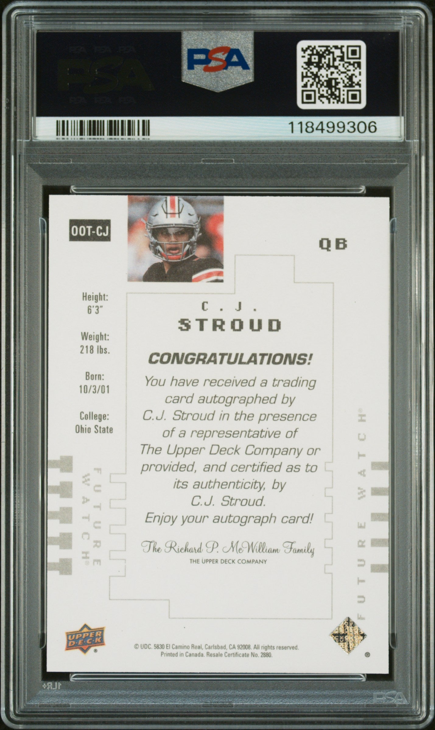 CJ STROUD 2022 UD Goodwin Champions SP Authentic Future Watch Auto /299 PSA 10