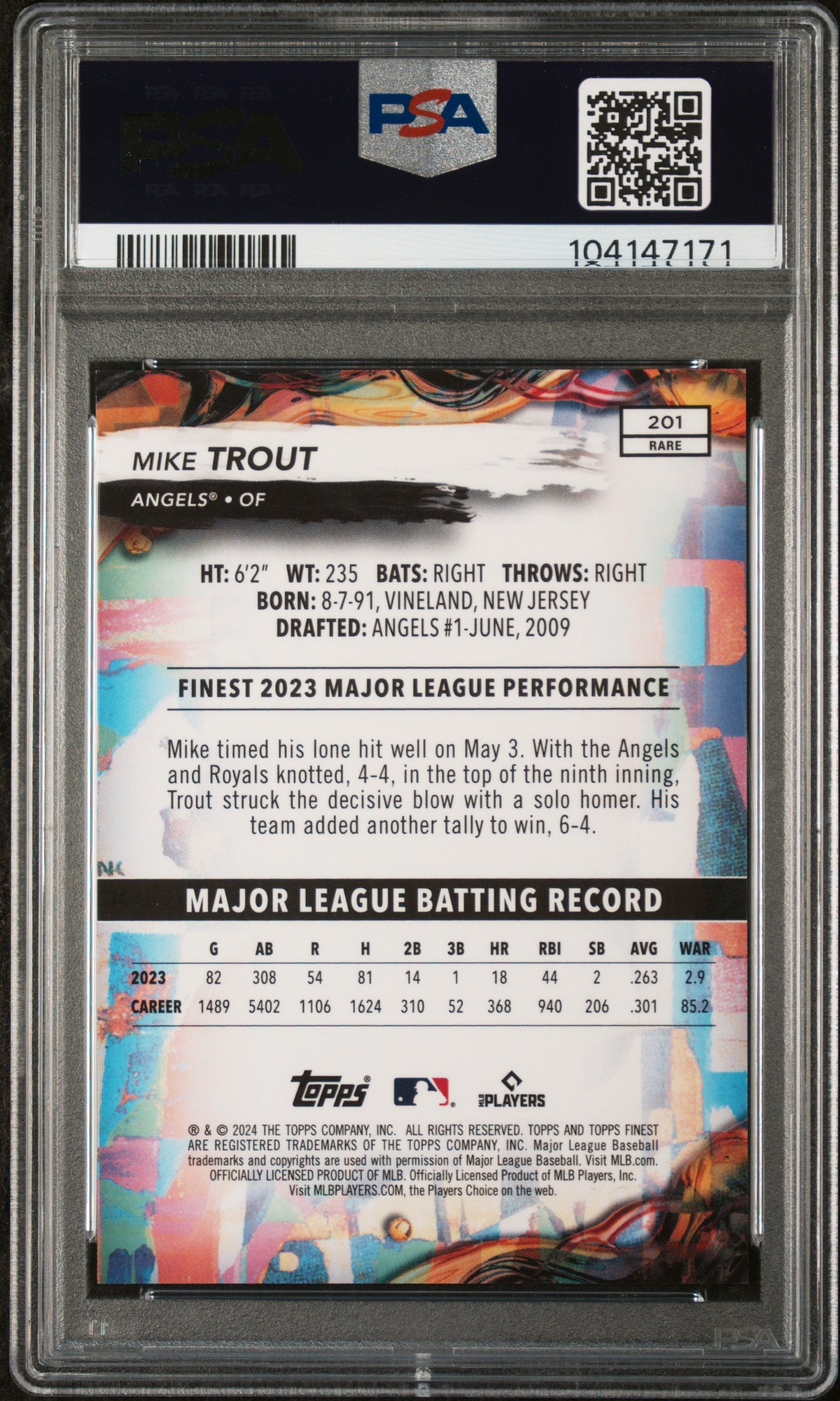 MIKE TROUT 2024 Topps Finest Rare Black Refractor /10 PSA 10 #201 Angels