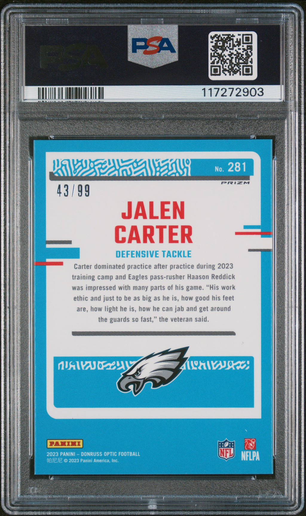 JALEN CARTER 2023 Panini Donruss Optic Rated Rookie Red Prizm /99 #281 PSA 10