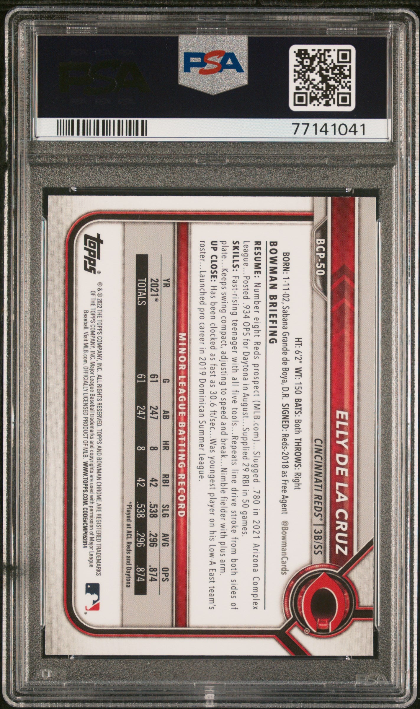 ELLY DE LA CRUZ 2022 Bowman Mega Box Chrome 1st Mojo Refractor #50 PSA 10 Reds