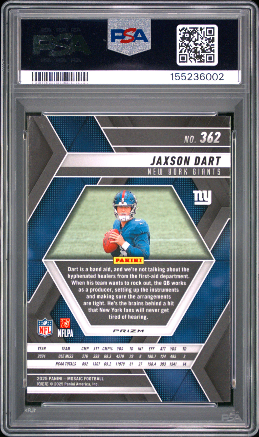 JAXSON DART 2025 Panini Mosaic Rookie Red & White Stripe Prizm #362 PSA 10
