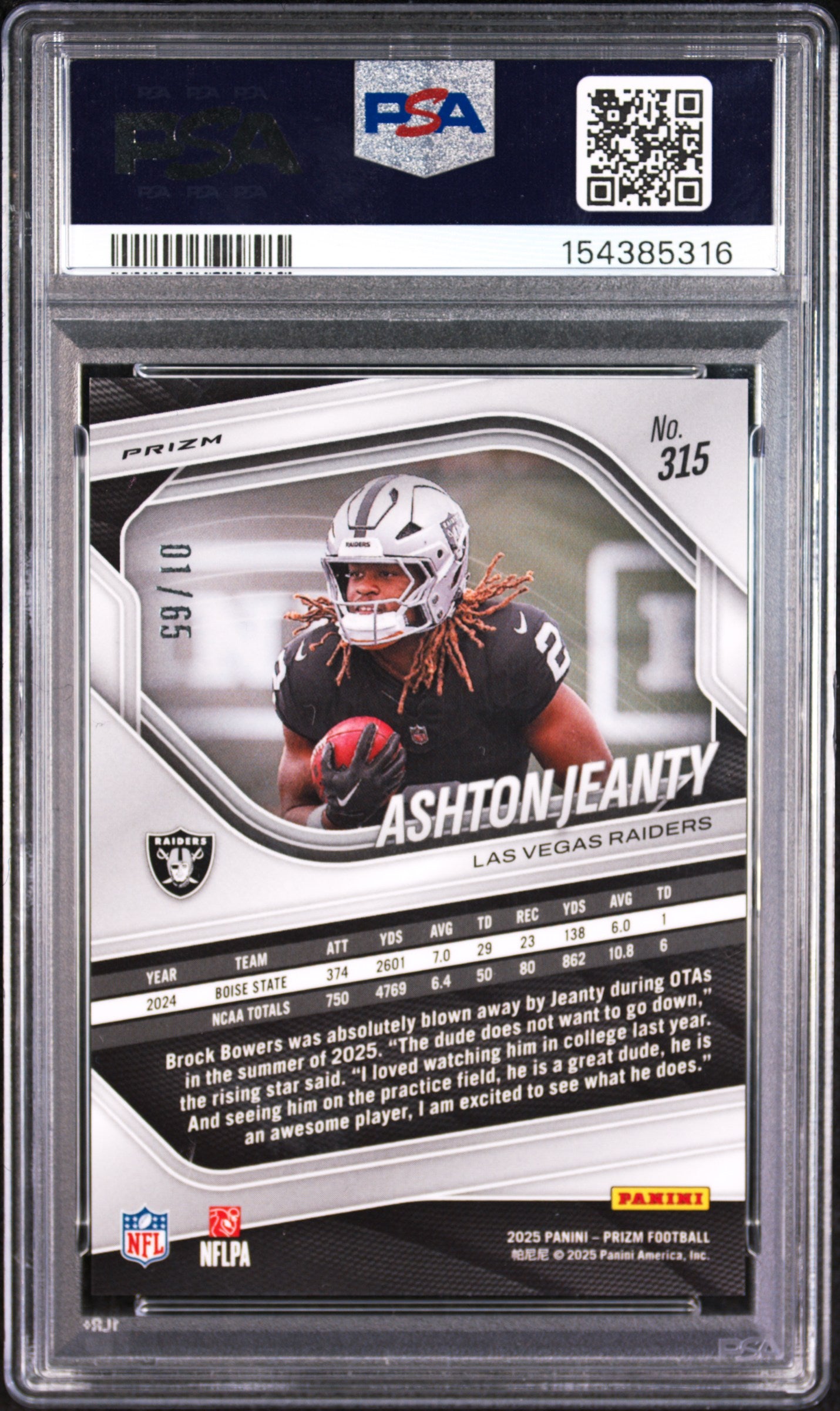 ASHTON JEANTY 2025 Panini Prizm Rookie Orange Wave /65 #315 PSA 9 Raiders