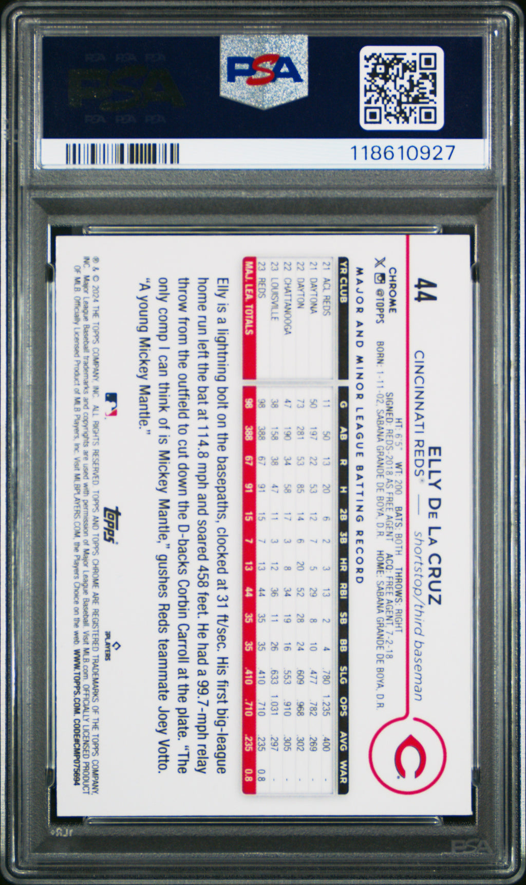 ELLY DE LA CRUZ 2024 Topps Chrome Rookie Green Sonar Refractor /99 #44 PSA 10