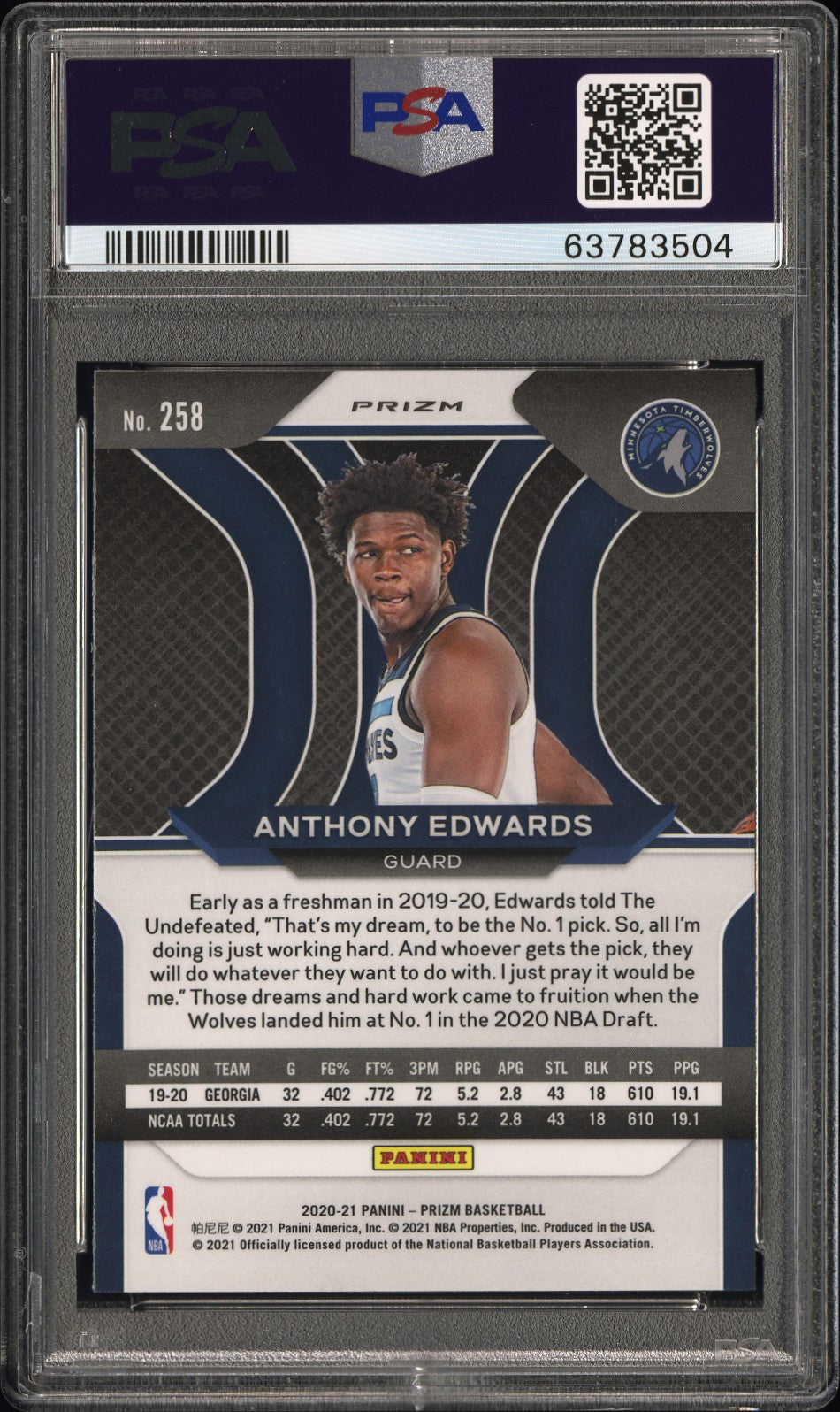 ANTHONY EDWARDS 2020-21 Panini Rookie Silver Prizm #258 PSA 9 Timberwolves