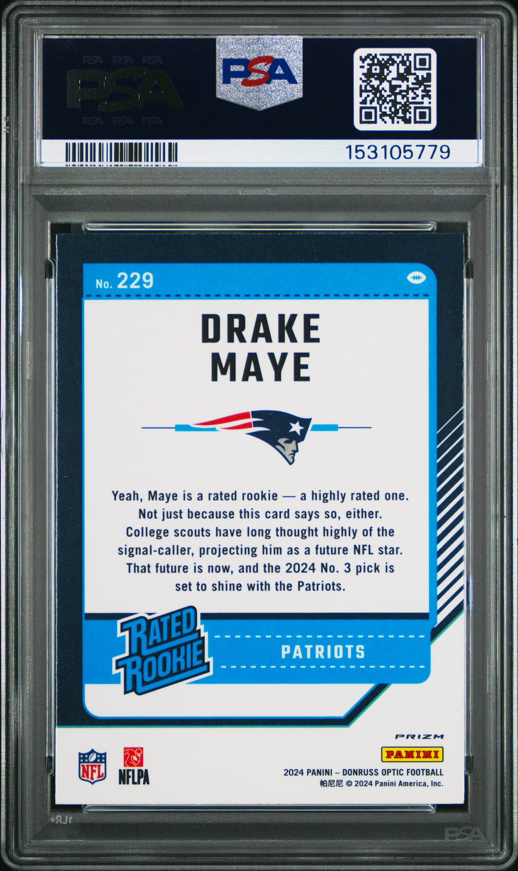 DRAKE MAYE 2024 Panini Donruss Optic Rated Rookie Blue Hyper #229 PSA 9 Patriots