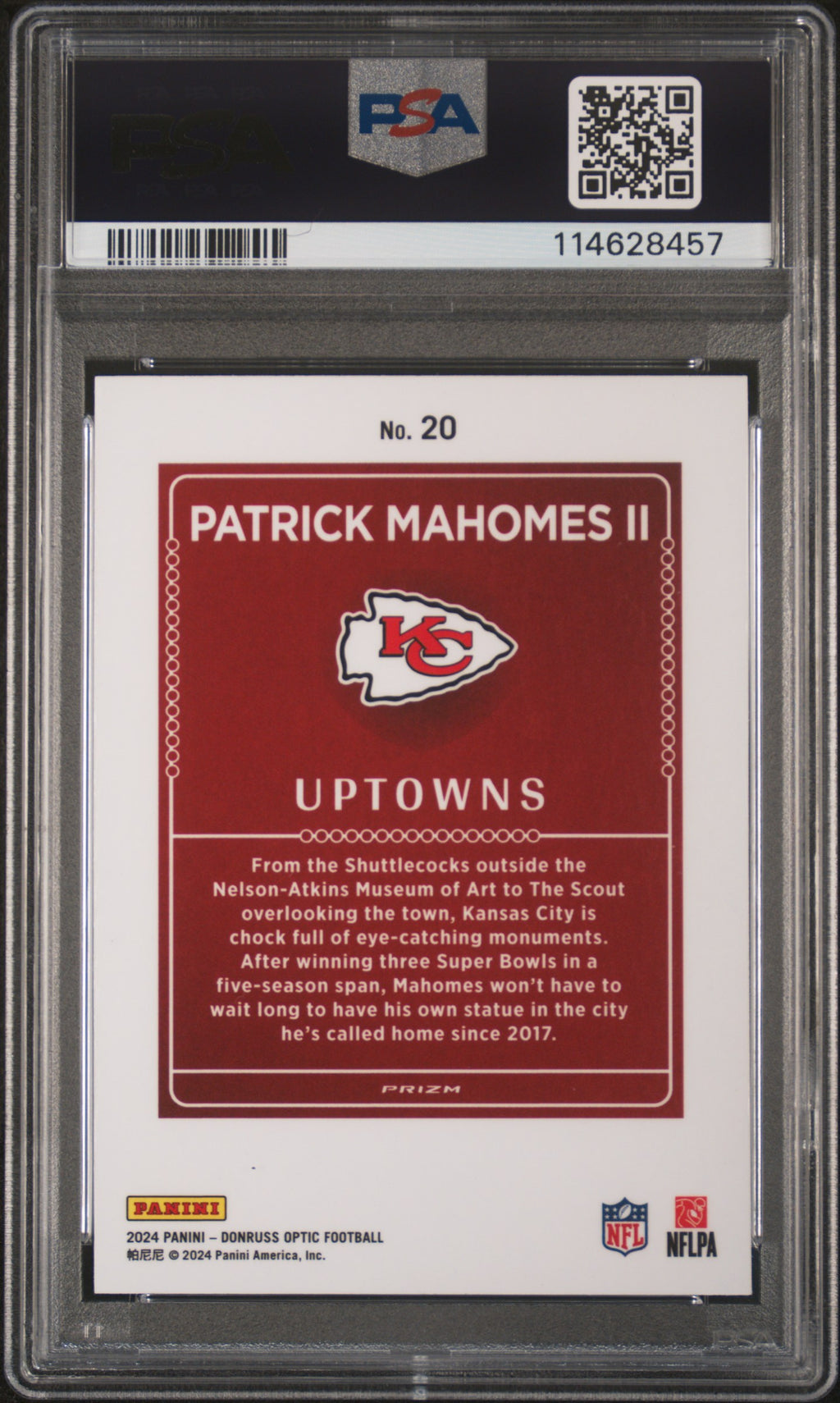 PATRICK MAHOMES II 2024 Panini Donruss Optic Uptowns Case Hit SSP #20 PSA 10