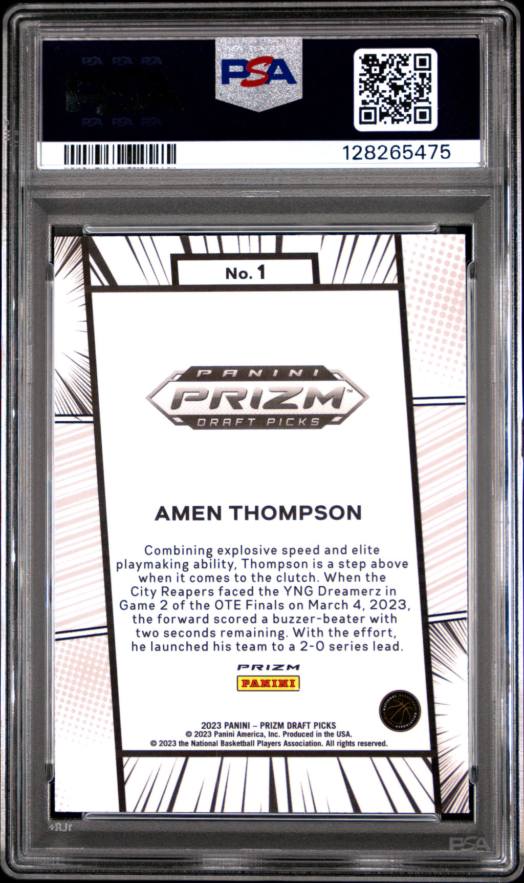 AMEN THOMPSON 2023 Panini Prizm Draft Picks Manga Rookie Case Hit SSP #1 PSA 9